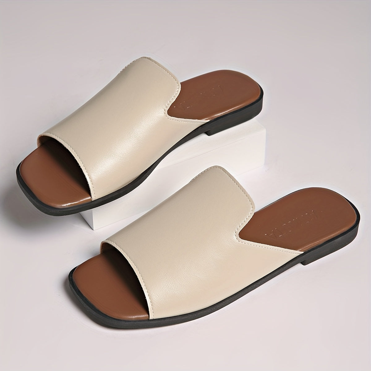 Women's Summer Flat Sandals Black Faux Cover Tan Sole Slip-On Arch Support