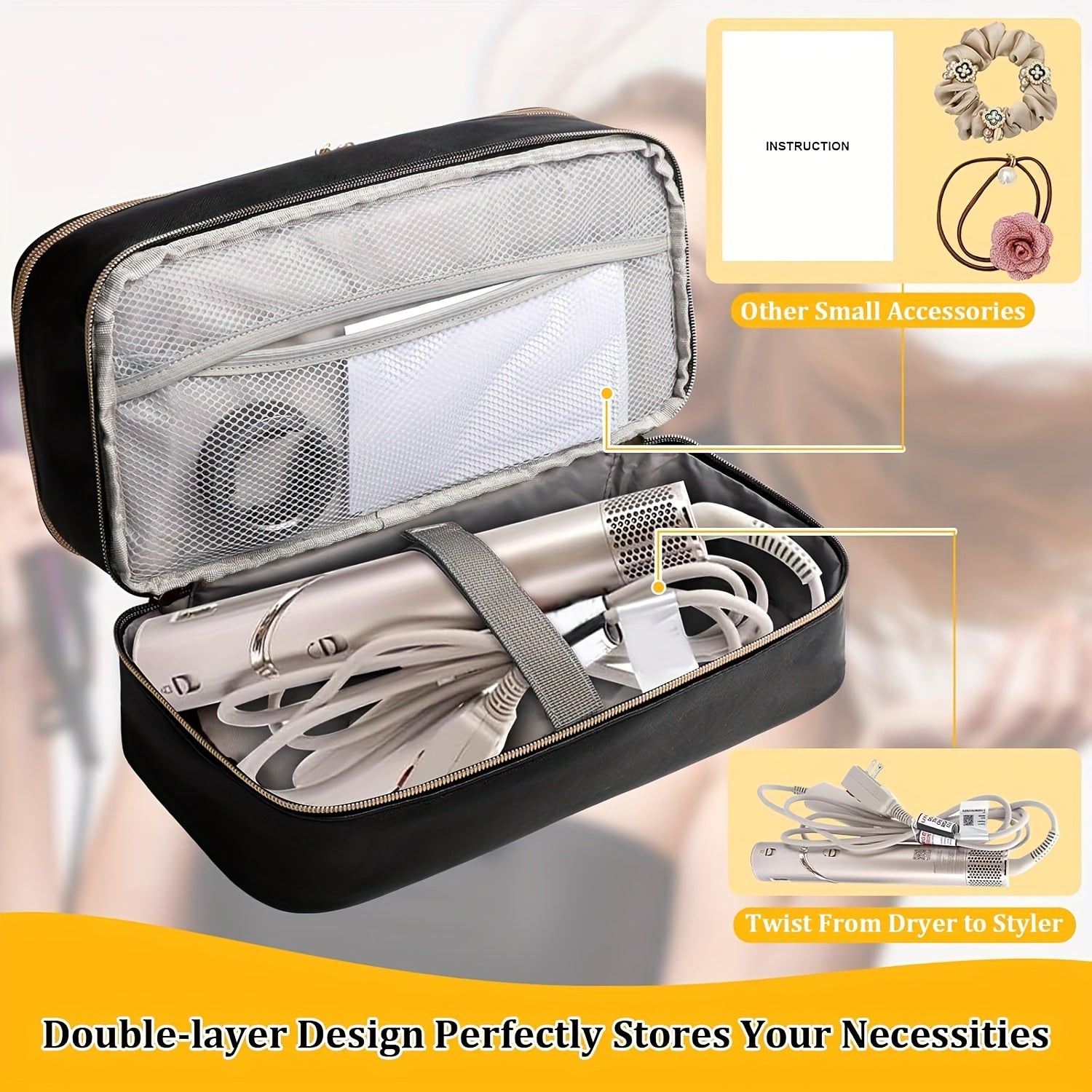 Unisex Travel Hair Dryer Case with Double Layer Water-Resistant Scratch-Proof Organizer Bag in White Black Blue