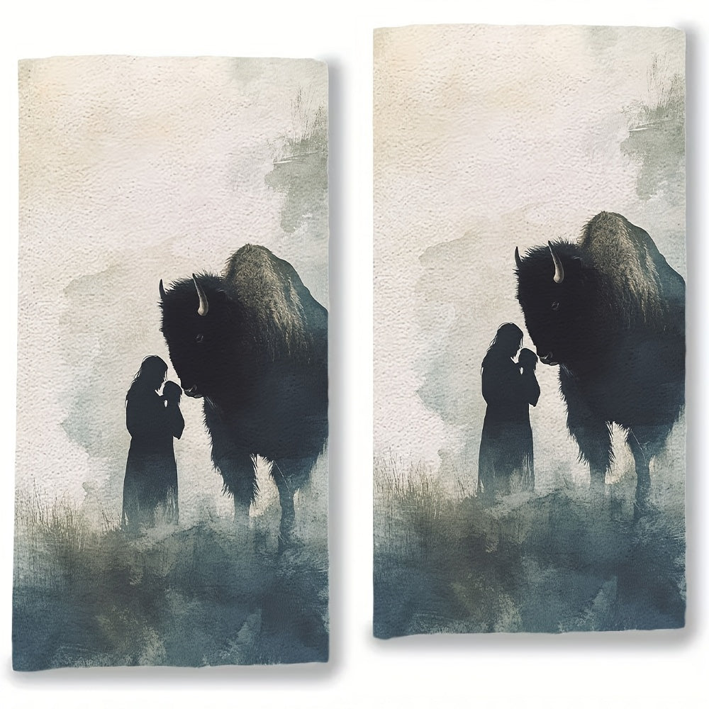 2 ta Ultra Soft oshxona sochiqlari to'plami, akvarel Bison inson silueti, 16x24 dyuym