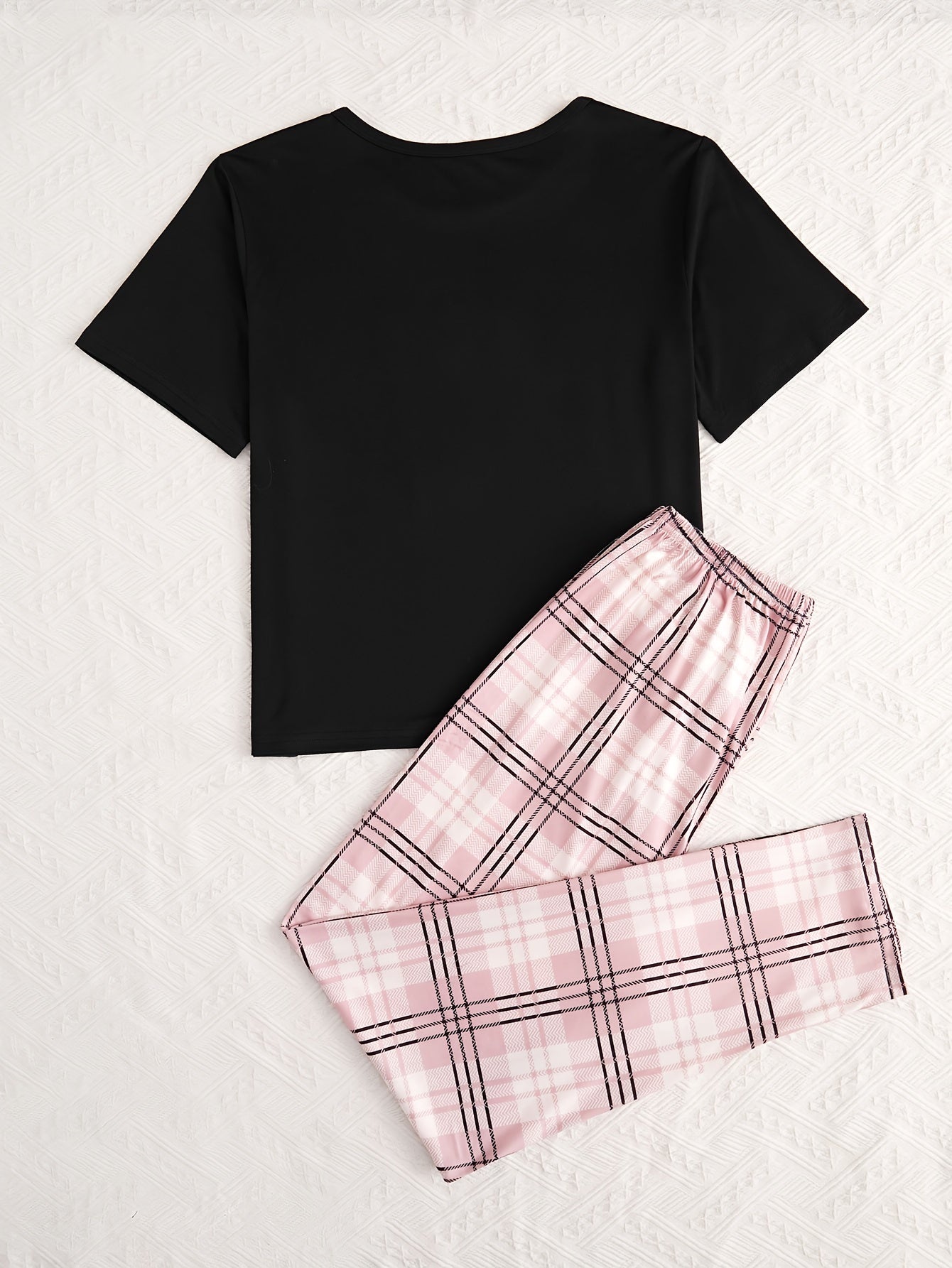 Women's Letter and Plaid Pajama Set Crew Neck Short Sleeve Top Long Pants Micro Elastic Polyester Sleepwear