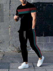 Men's Sports Sweatsuit Set with Striped Pattern Crew Neck Short Sleeve T-Shirt and Pants in Knit Polyester
