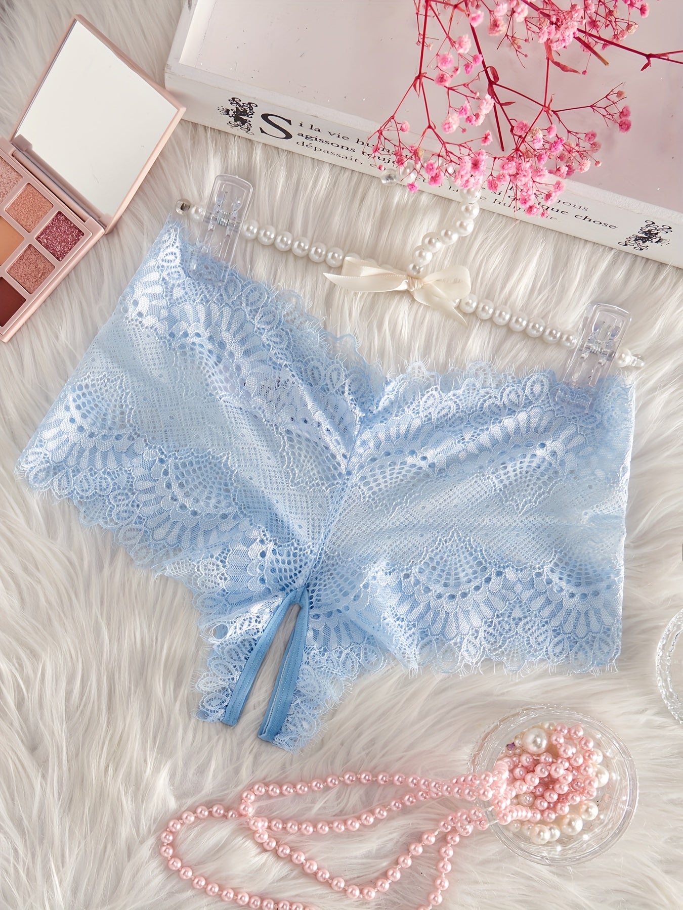 Women's Sheer Nylon Blend Lace Panties Mid-Rise Crotchless Lingerie