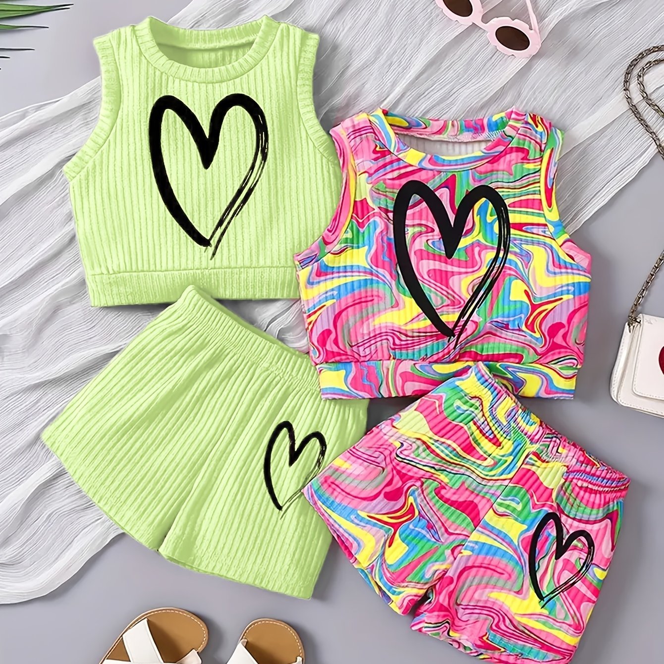 Girls Summer Outfit Set 4 Pieces Heart Print Tank Top and Shorts Polyester Knit Casual