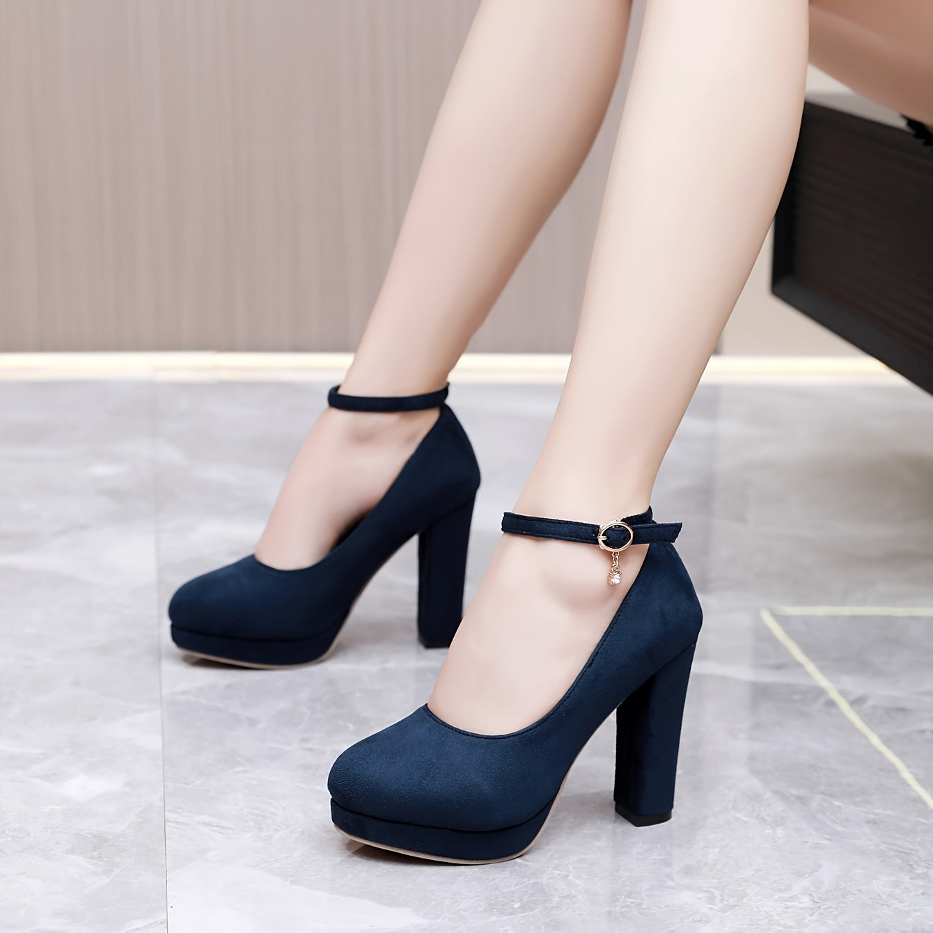 Women's Solid Color Elegant Pumps Shallow Mouth Ankle Strappy Buckle Chunky Heels