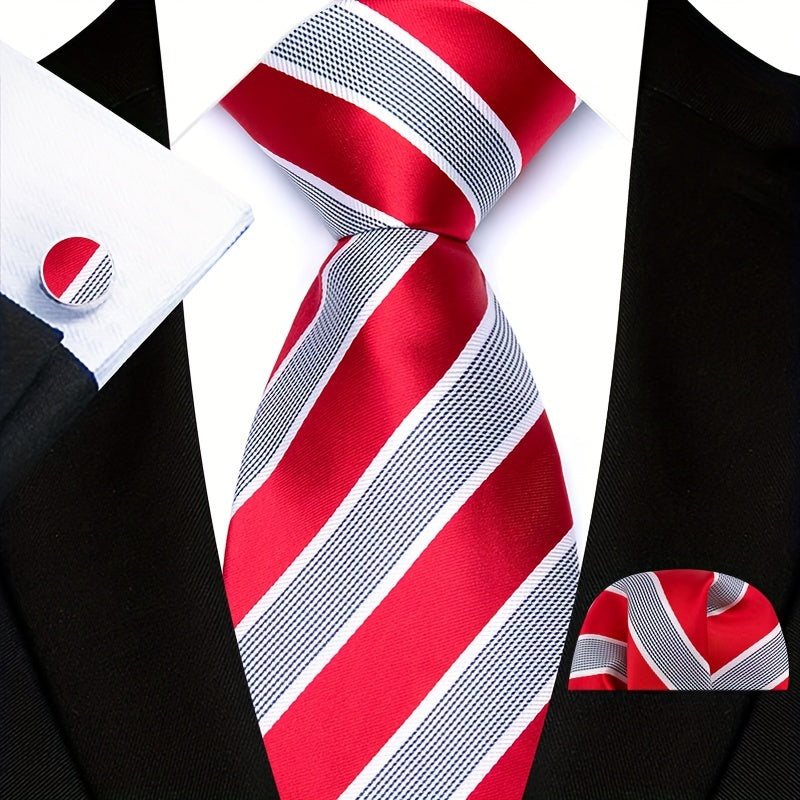 Men's Business Casual Tie Pocket Square Cufflinks Woven Multicolor Stripes Set for Grooms and Groomsmen