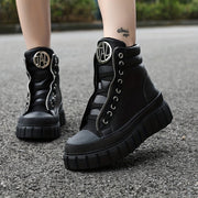 Women's Black High-Top Platform Boots with Zipper and Metallic Accents
