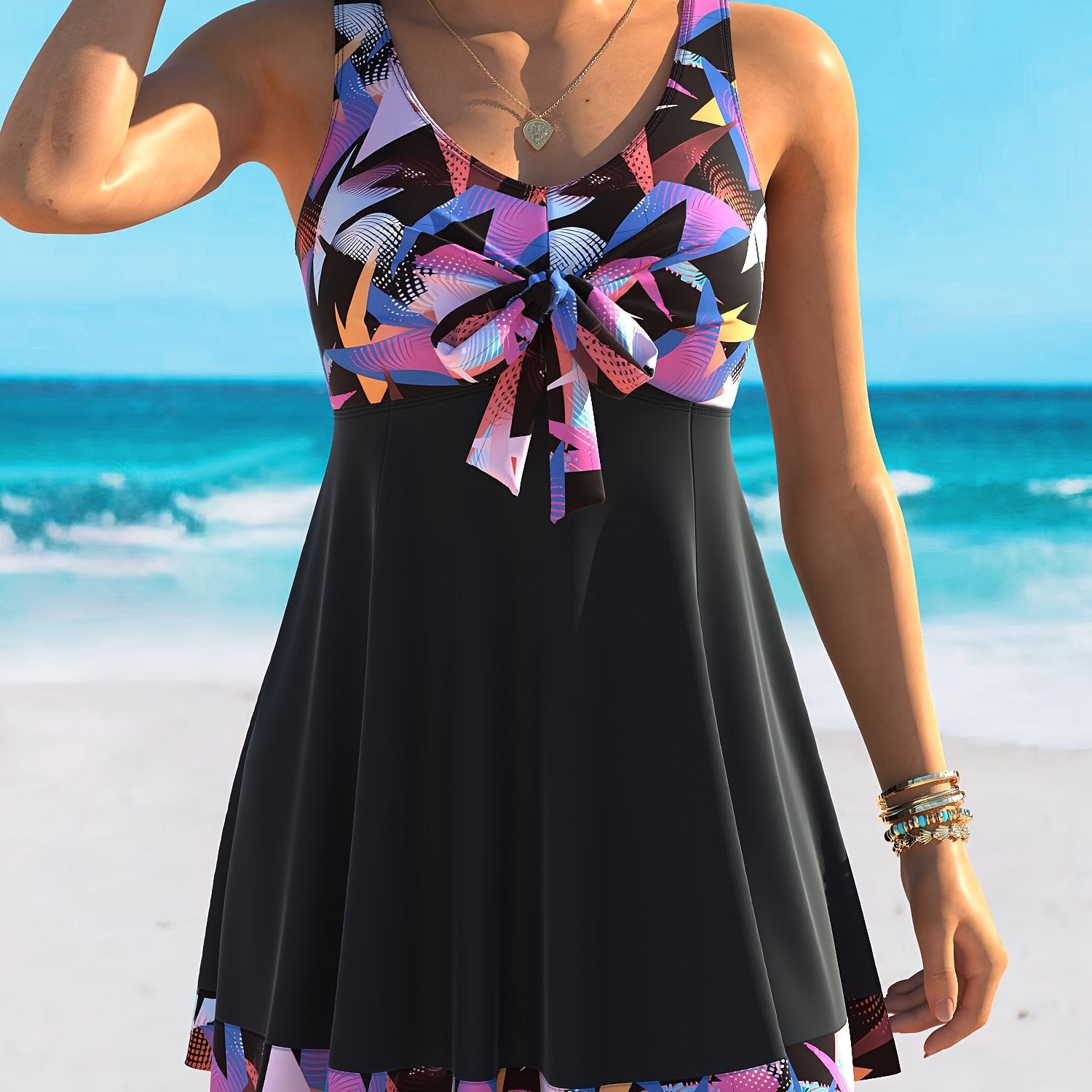 Women's Floral High Stretch Polyester Two-Piece Tankini Swimsuit