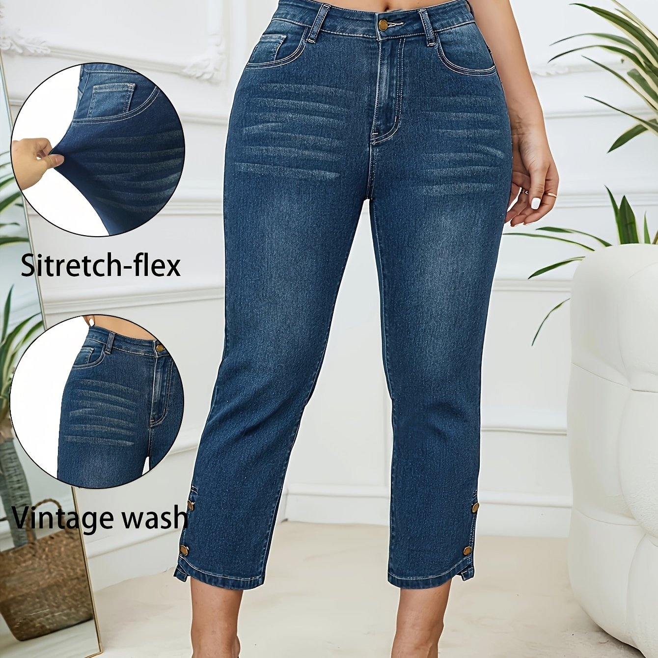 Plus Size Womens Cropped Washed Blue Denim Jeans Zipper Button Closure