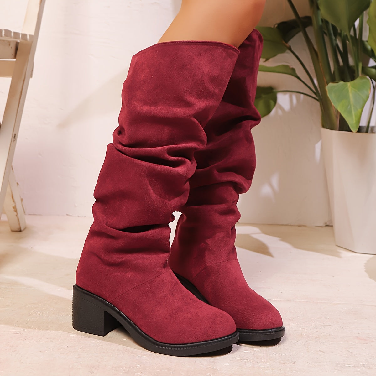 Женские кожаные сапоги до середины икры с платформой и каблуком-скользящим, всесезонные