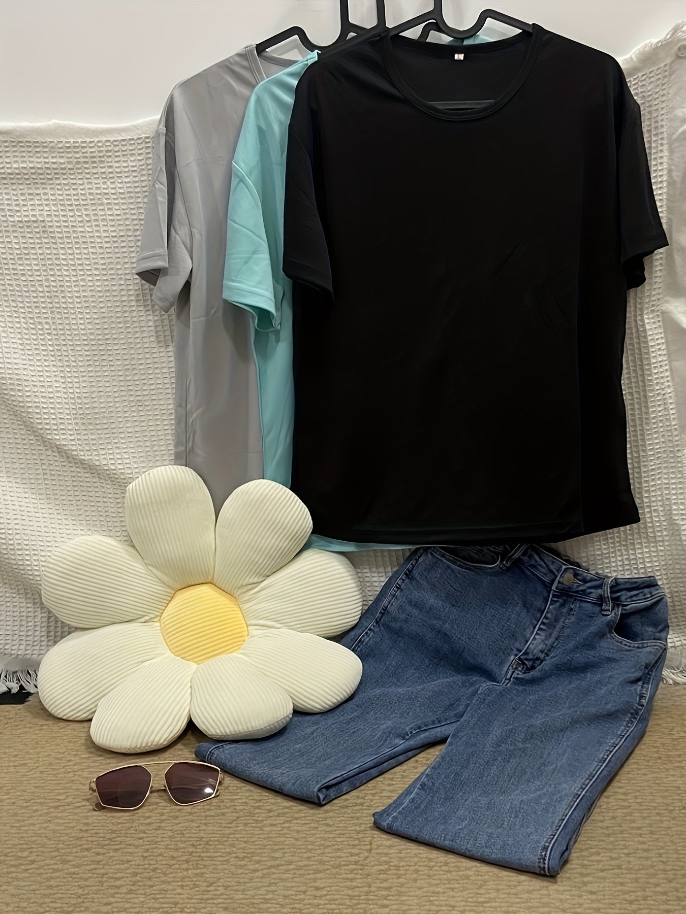 Women's Plus Size T-Shirts 3-Pack Black Gray Light Blue Casual Yoga Activewear