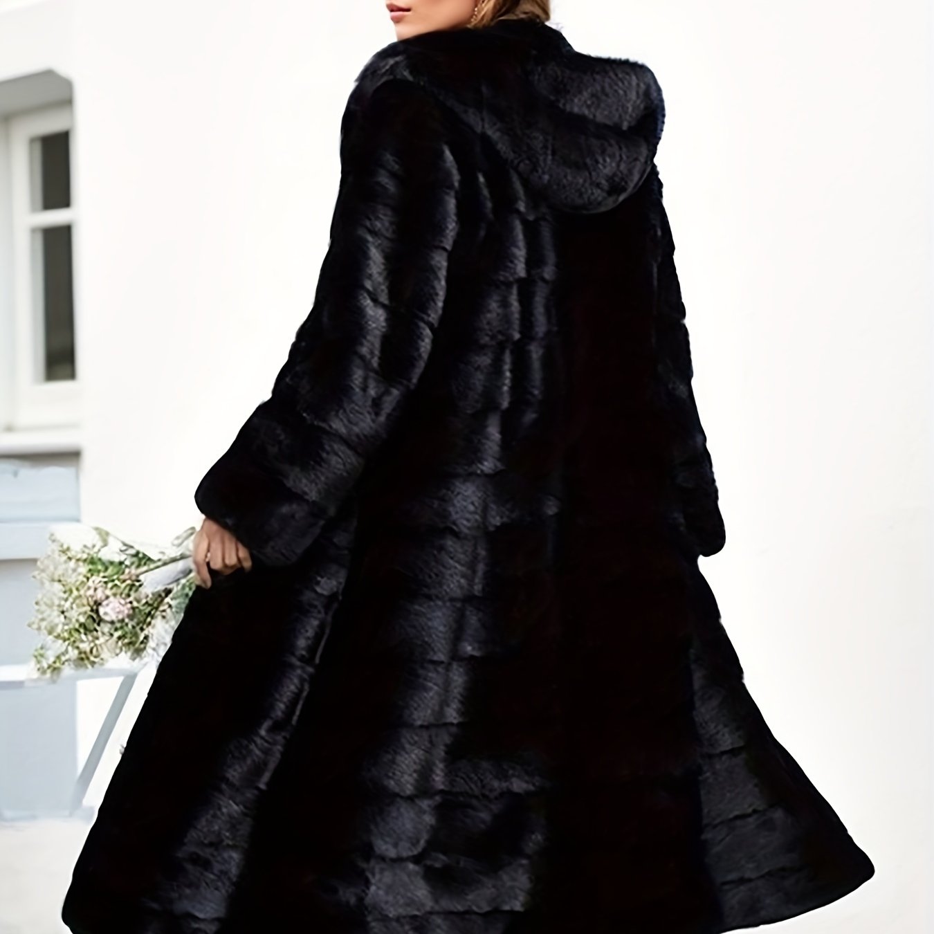 Plus Size Faux Fur Coat with Pockets and Hood for Winter