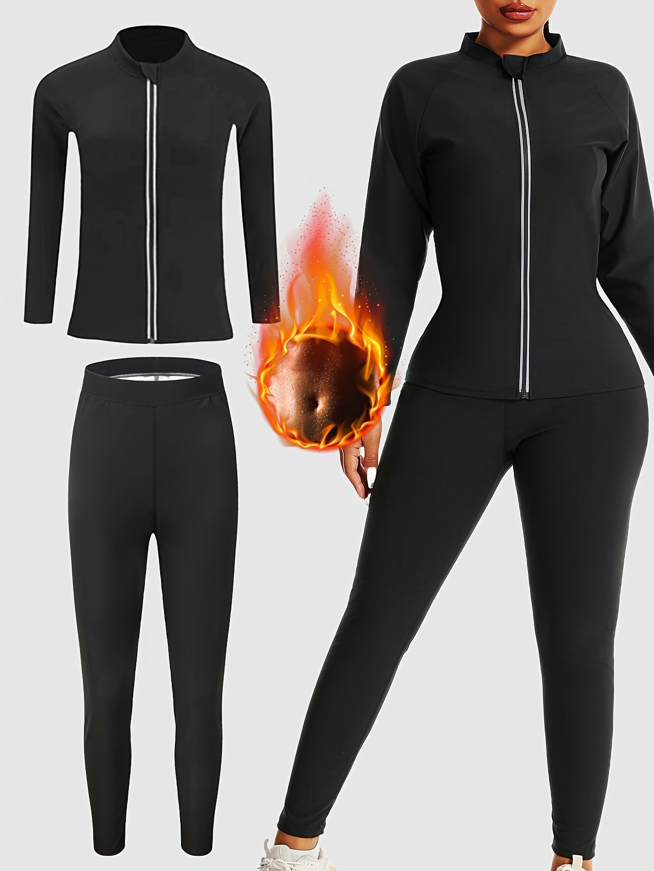 Women's Sauna Sweat Suit Set with Long Sleeve Zip-Up Jacket and Pants for Yoga and Fitness