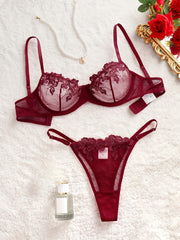 Women's Floral Lace Lingerie Set Mesh Bra and Thong Semi-Sheer Variety of Colors