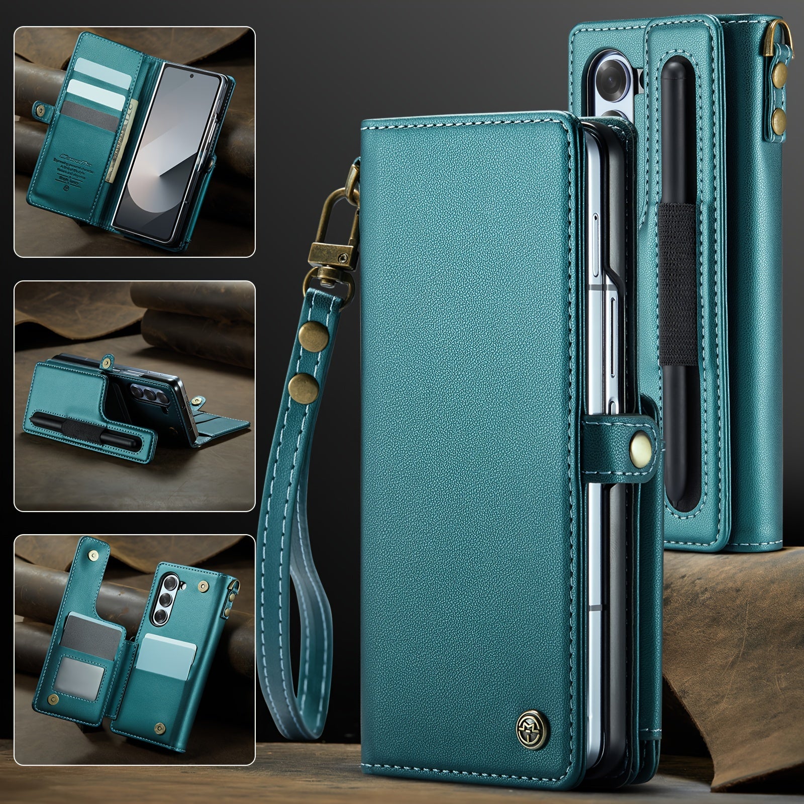 Galaxy Z Fold 6 Faux Leather Wallet Case with RFID Blocking Holder Pen Slot Wrist Strap