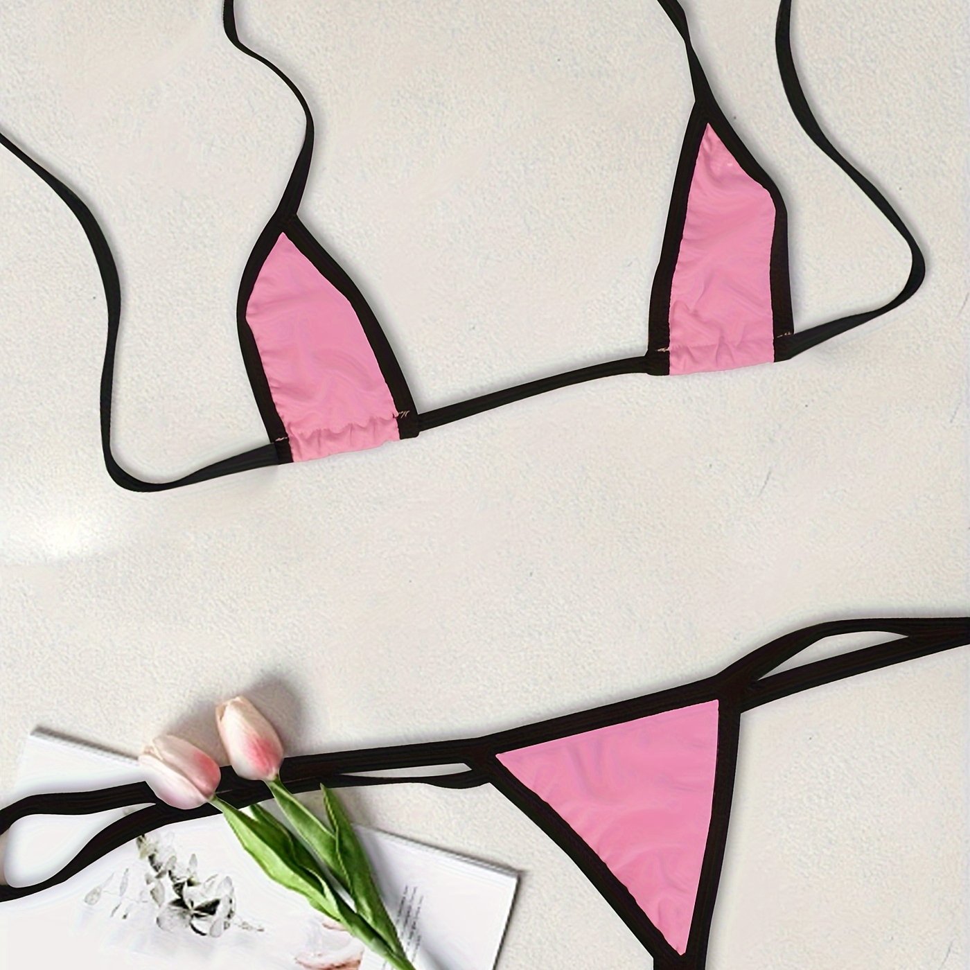 Women's Lingerie Set with Contrast Trim Micro Triangle Halter Bikini and Thong