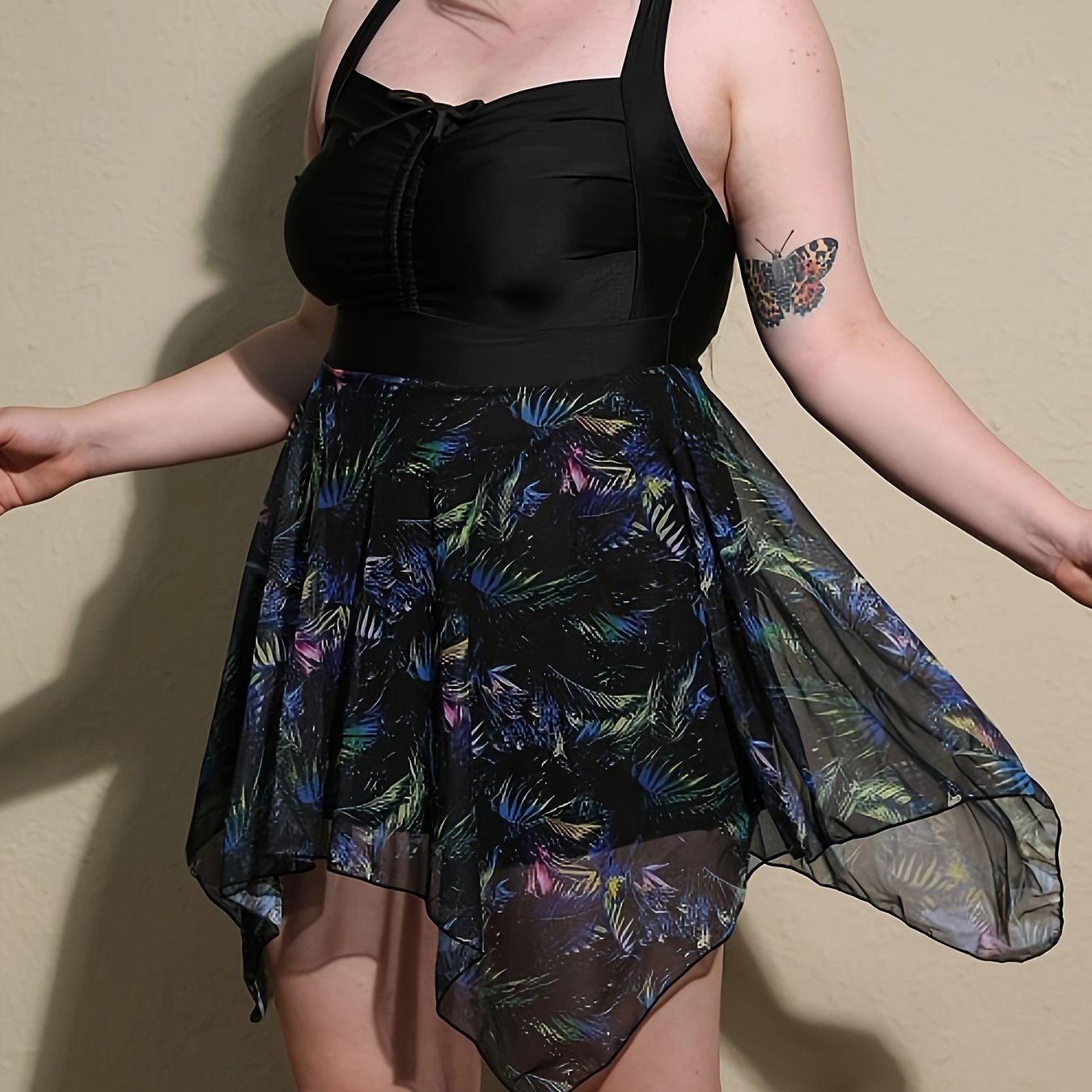 Plus Size Lace-Up Front Skirted Swimsuit with Removable Padding and Contrast Mesh