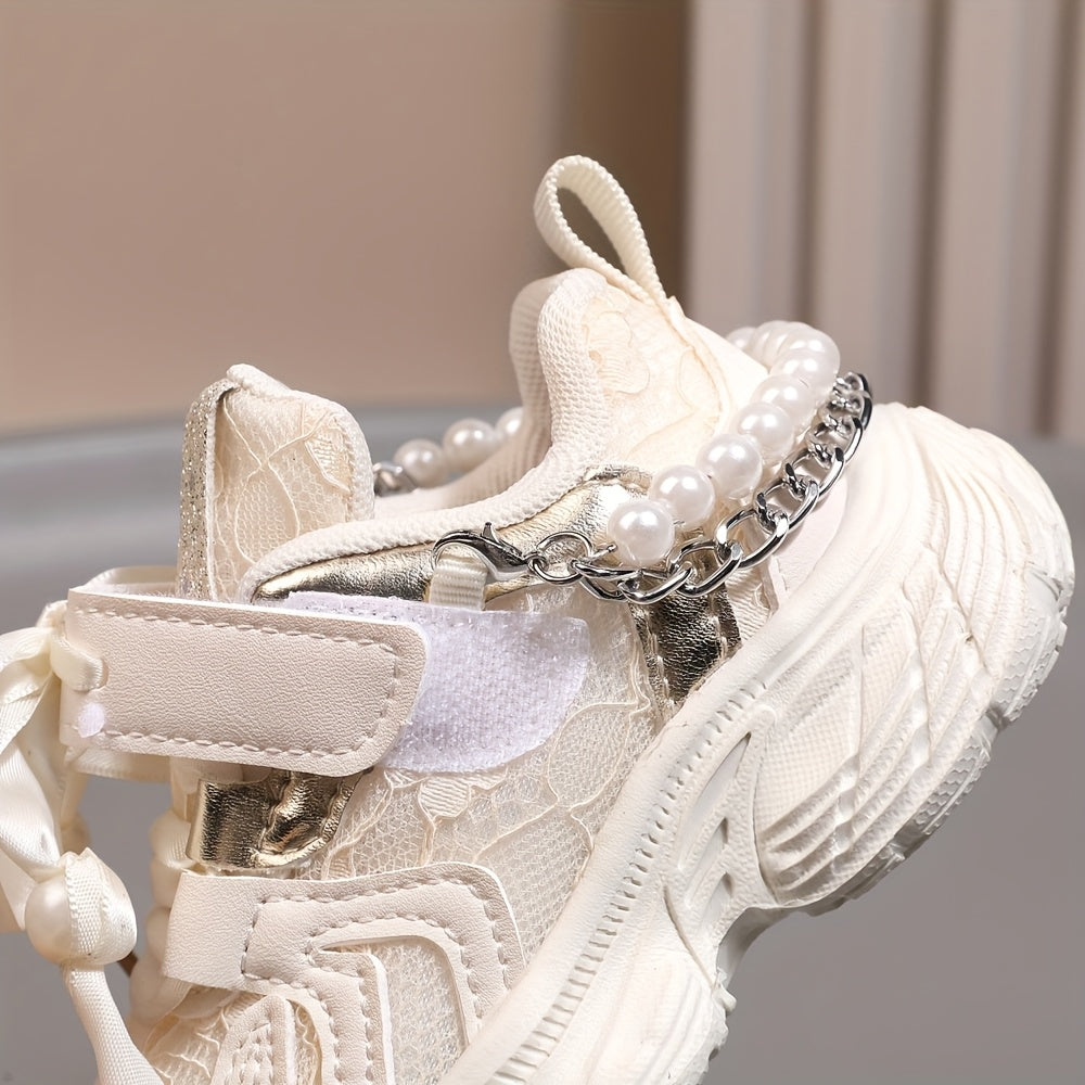 Toddler Girls Sneakers with Pearl Chain Casual Lace-Up Breathable Fabric EVA Sole Beaded Design for Spring Fall
