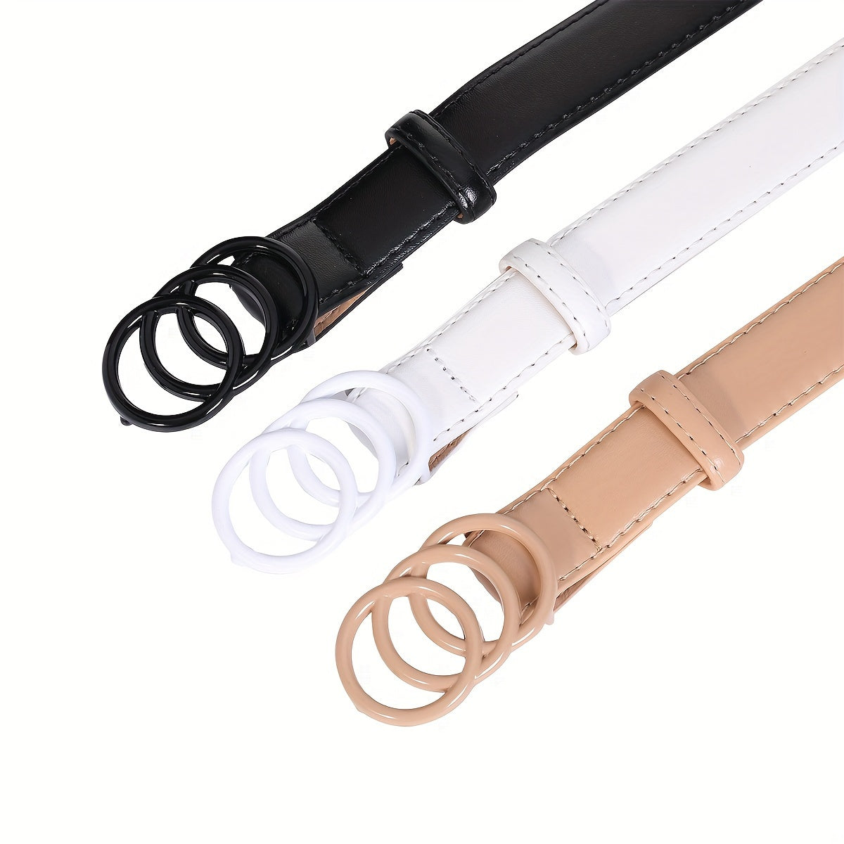 Stylish PU Leather Belt Set of 3 Black White Khaki Multi-Hole Casual Formal