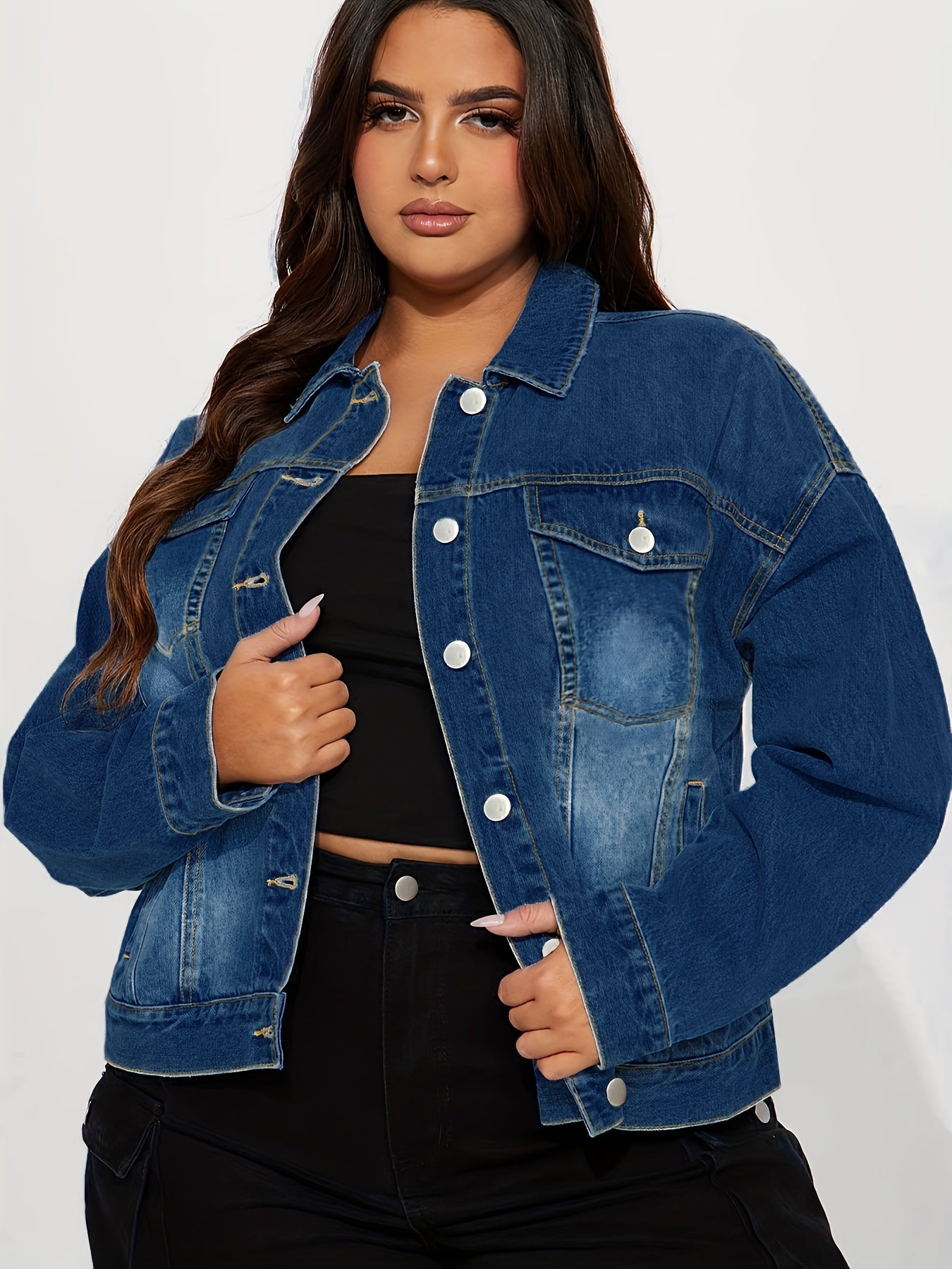 Women's Plus Size Light Blue Denim Jacket Casual Street Style Long Sleeve Button-Up