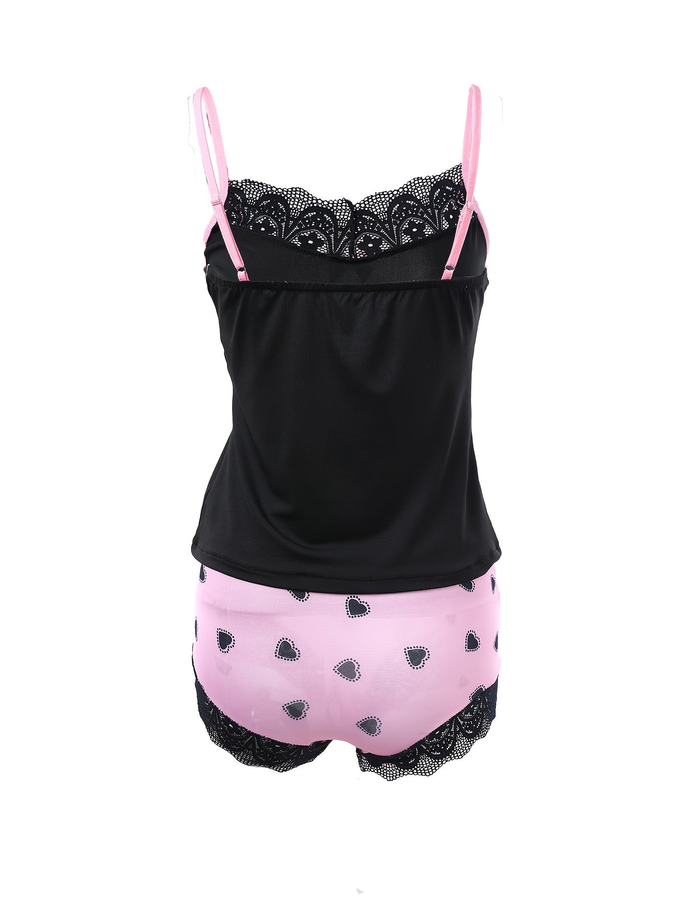 Women's Heart Print Sleepwear Set with Lace Cami Top and Elastic Shorts