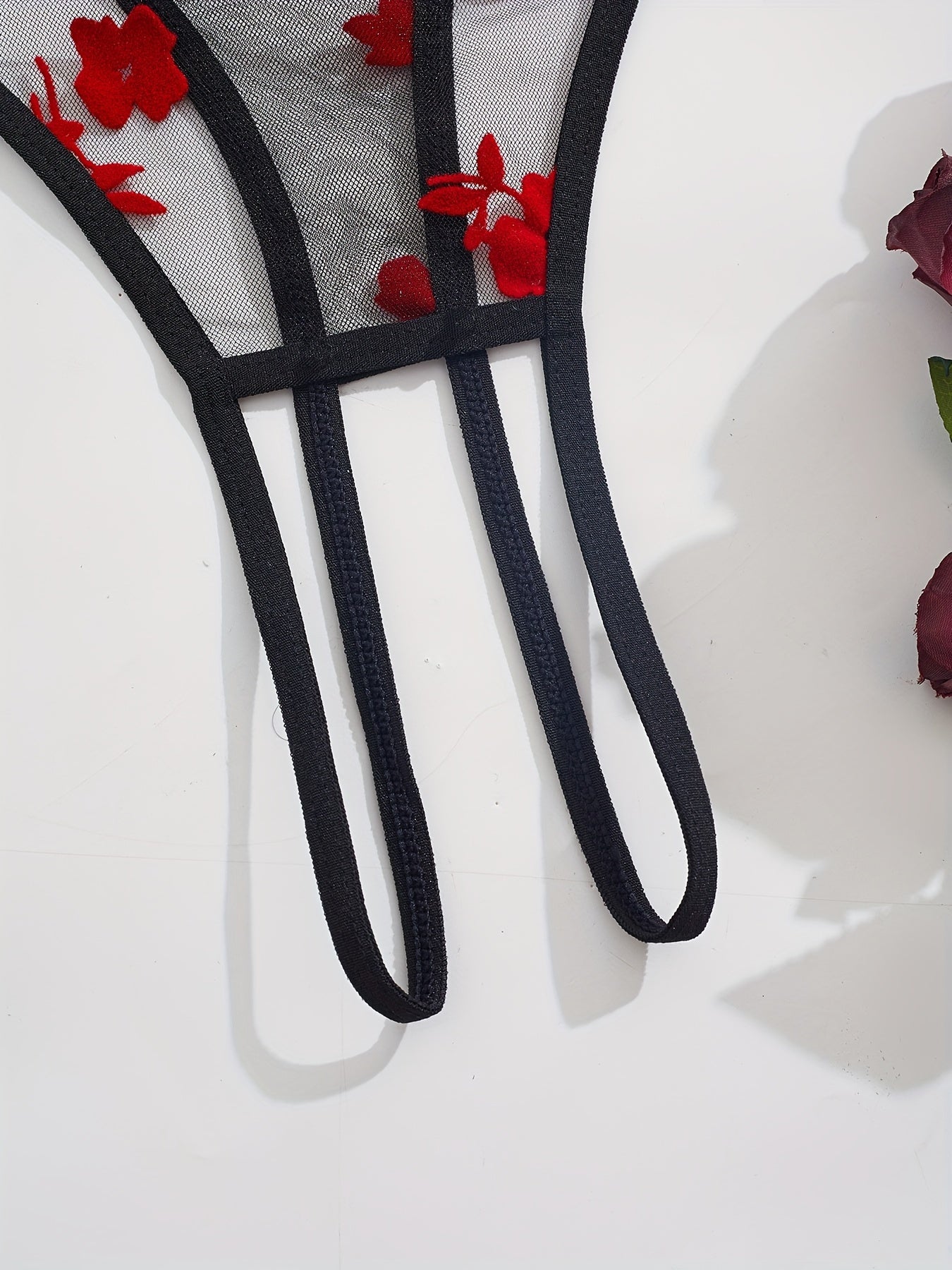 Women's Black and Red Floral Lace Lingerie Set with Bralette and Thong