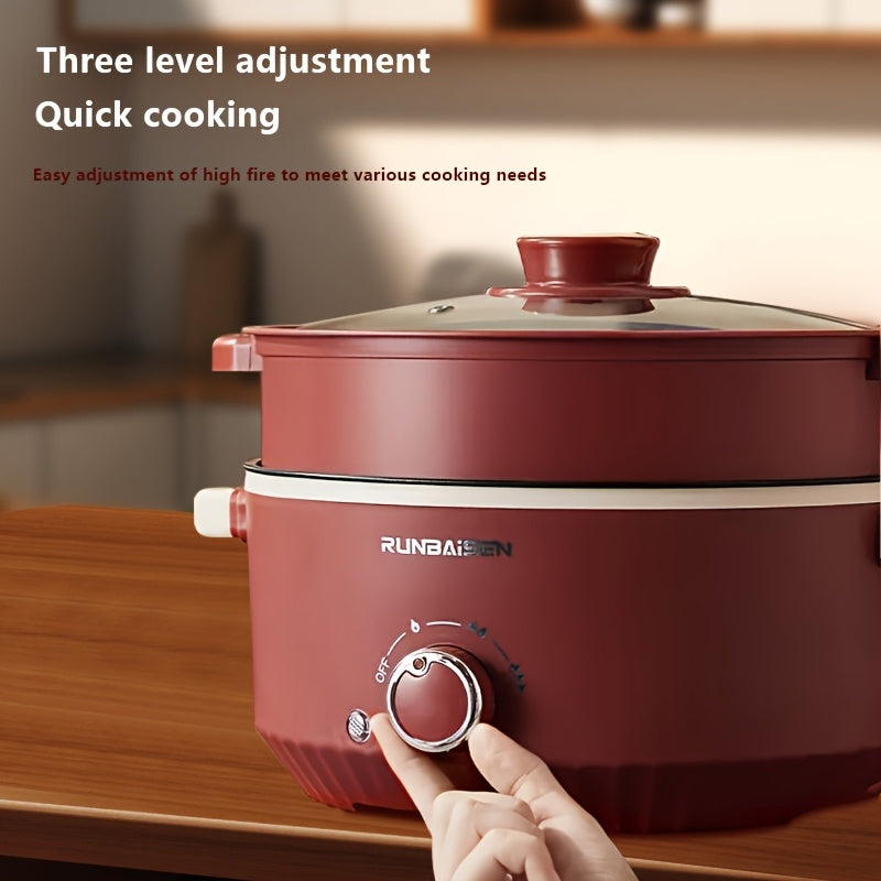 Katta quvvatli elektr hotpot pishirgich, yopishmaydigan ikki qatlamli dizayni, 3 tezlikda sozlanadigan olov kuchi va 220-240V quvvat ta'minoti uchun Yevropa standarti rozetkasi bilan, yotoqxonalarga mos