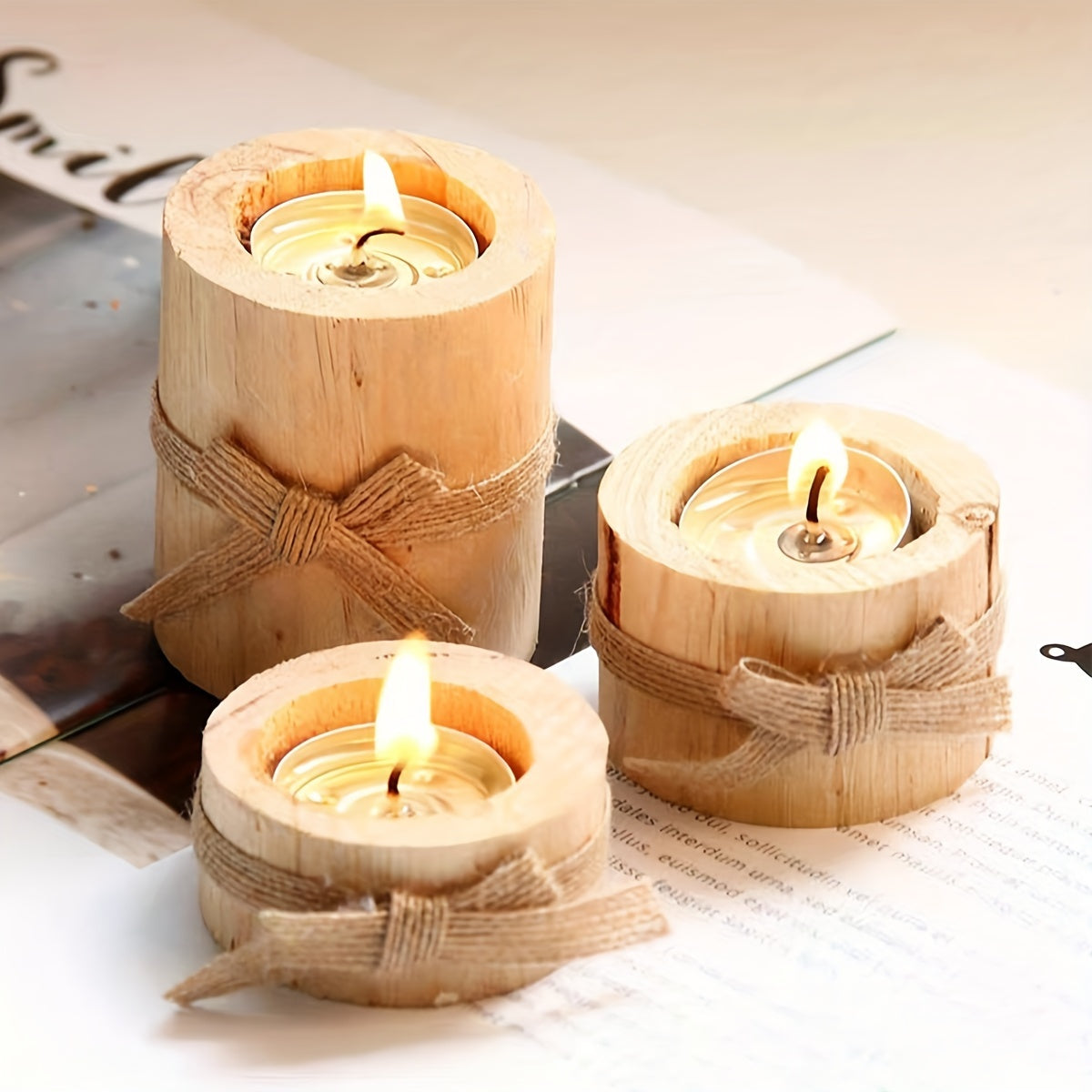 Set of 3 Handmade Wooden Candle Holders for Holiday Decor and Dinners