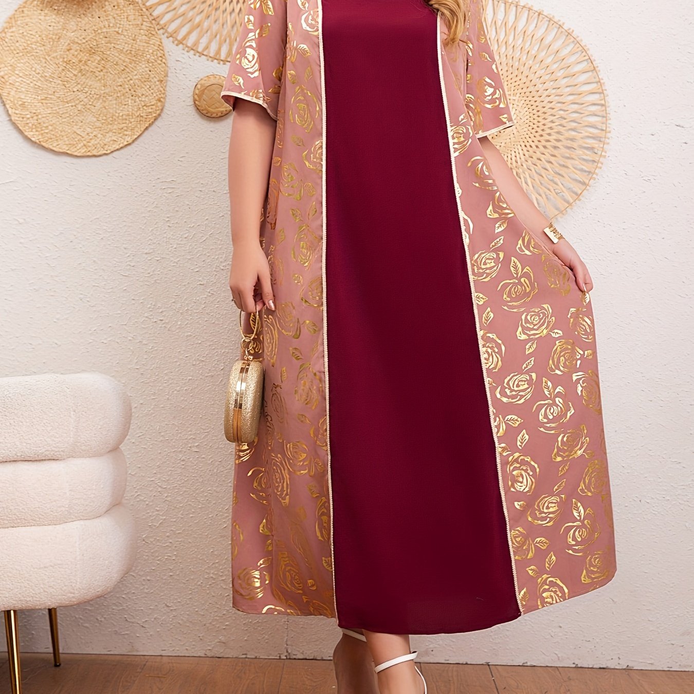 Plus Size Floral Pattern Kaftan Dress Short Sleeve Women Stylish Cover-Up