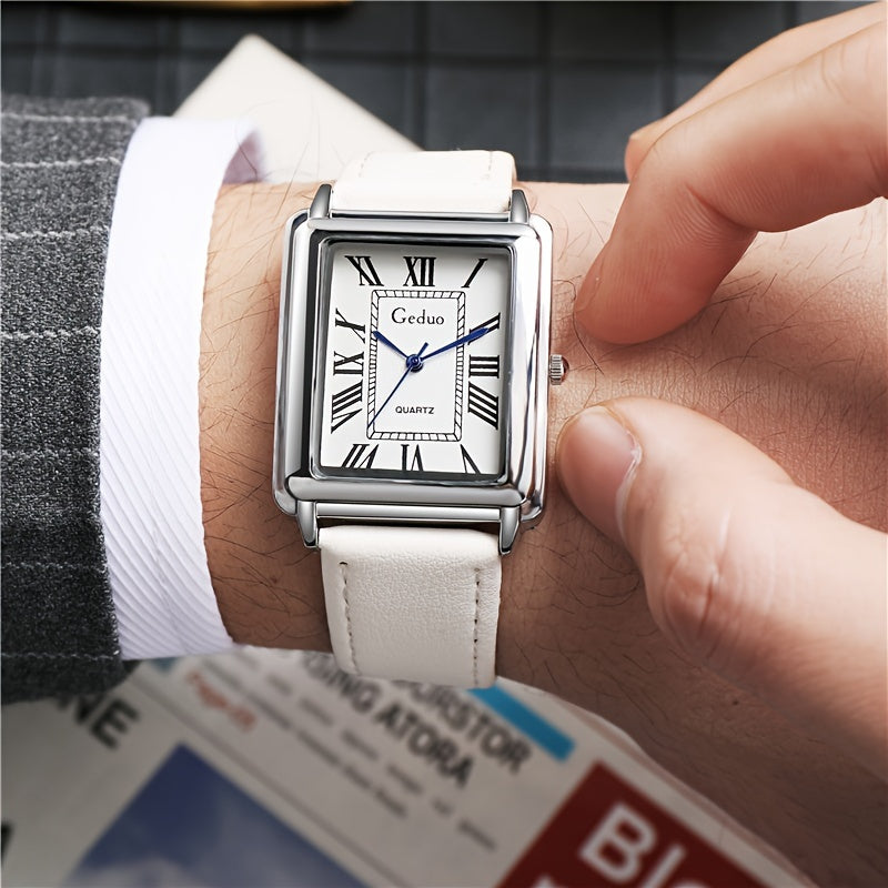 Men's Square Quartz Watch with Roman Numerals and Leather Strap