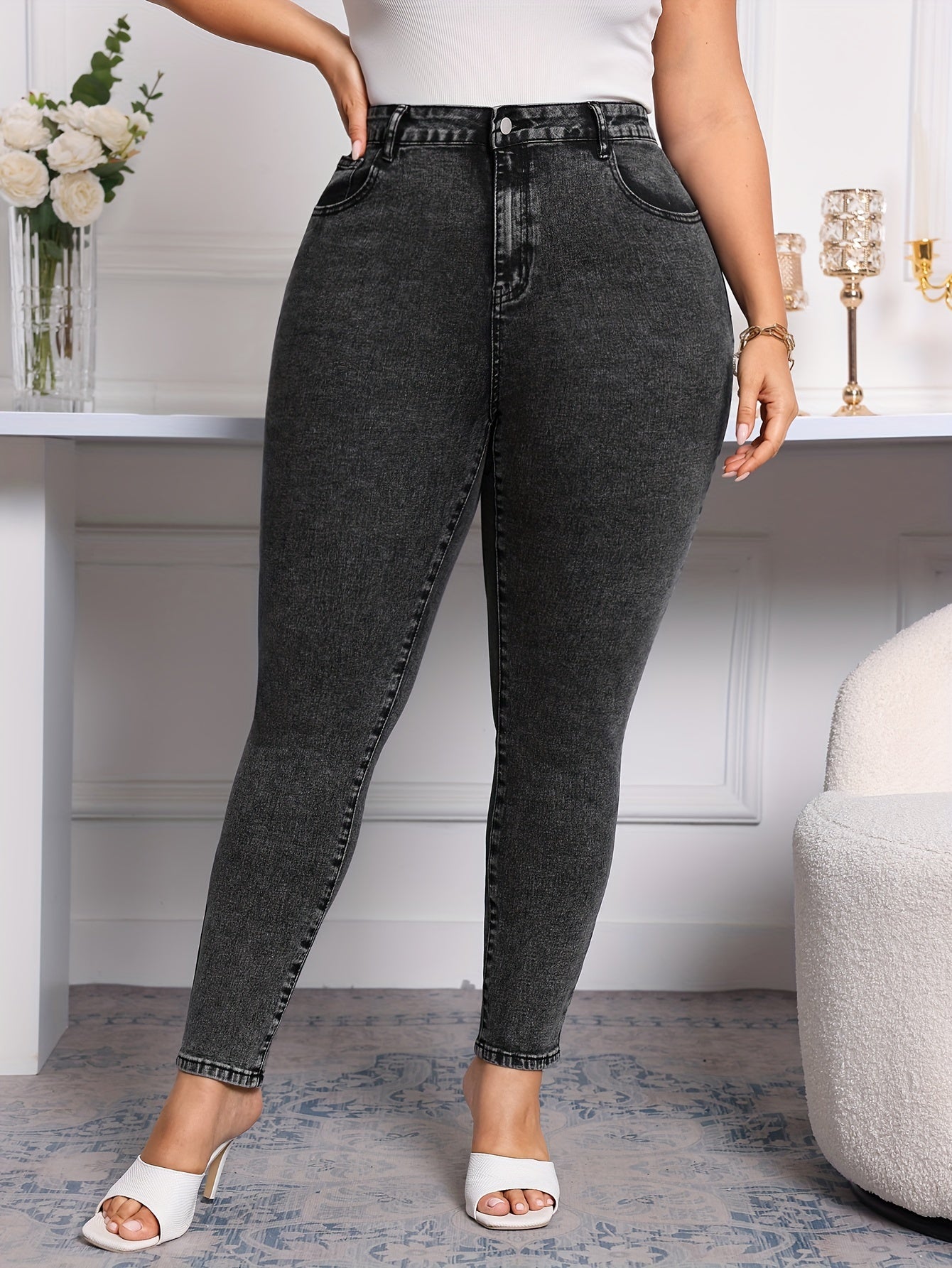 Plus Size Skinny Jeans for Women High-Waist Stretch Denim Pockets