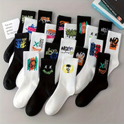 Set of 5 Black and White Graffiti Mid-Calf Sports Socks for Men and Women