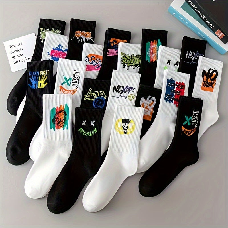 Set of 5 Black and White Graffiti Mid-Calf Sports Socks for Men and Women