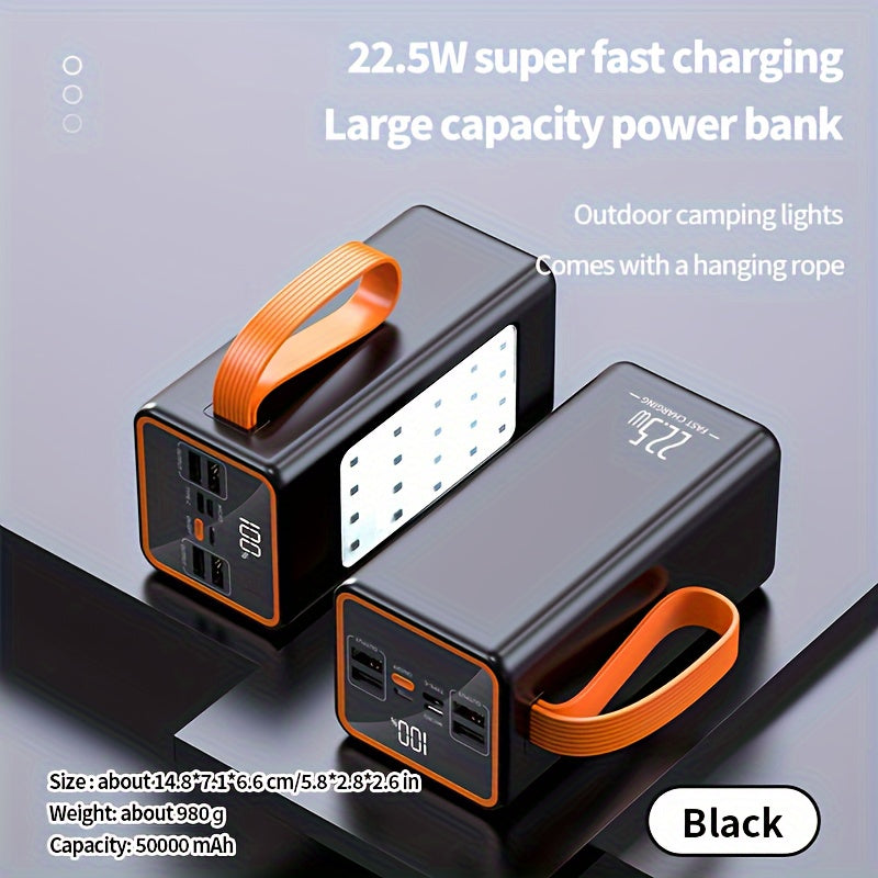 50000mAh Power Bank with LED Display and Built-in Camping Lights for Outdoor Emergency Use