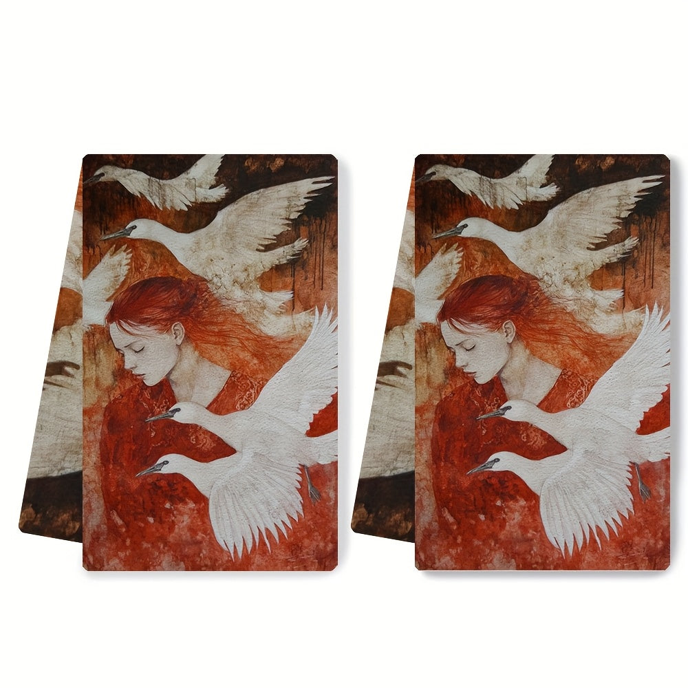 Set of 2 Swan and Red-Haired Woman Kitchen Towels Ultra Soft Absorbent 16x24 Inches