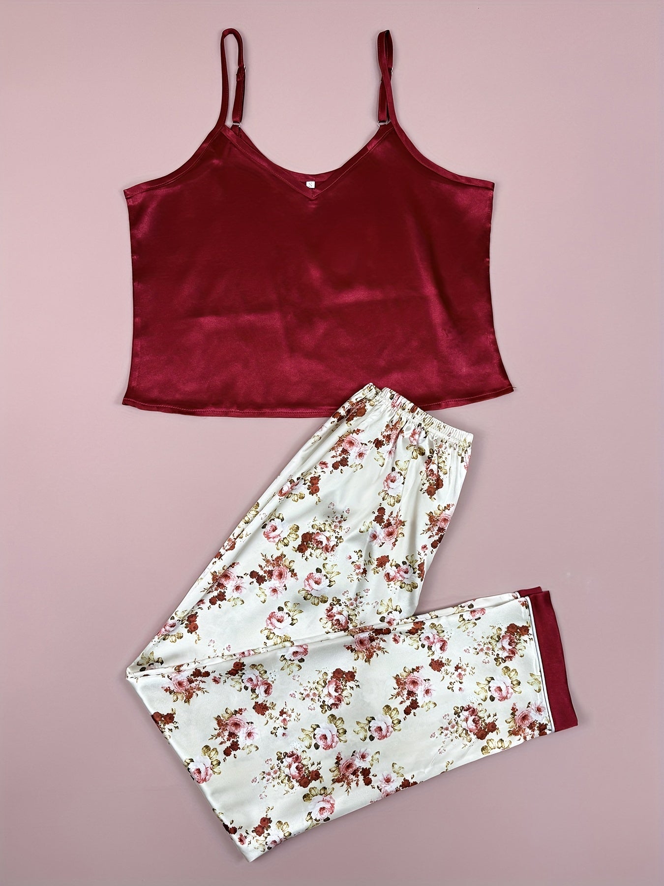 Women's Satin Floral Pajama Set with V-Neck Cami Top and Elastic Pants