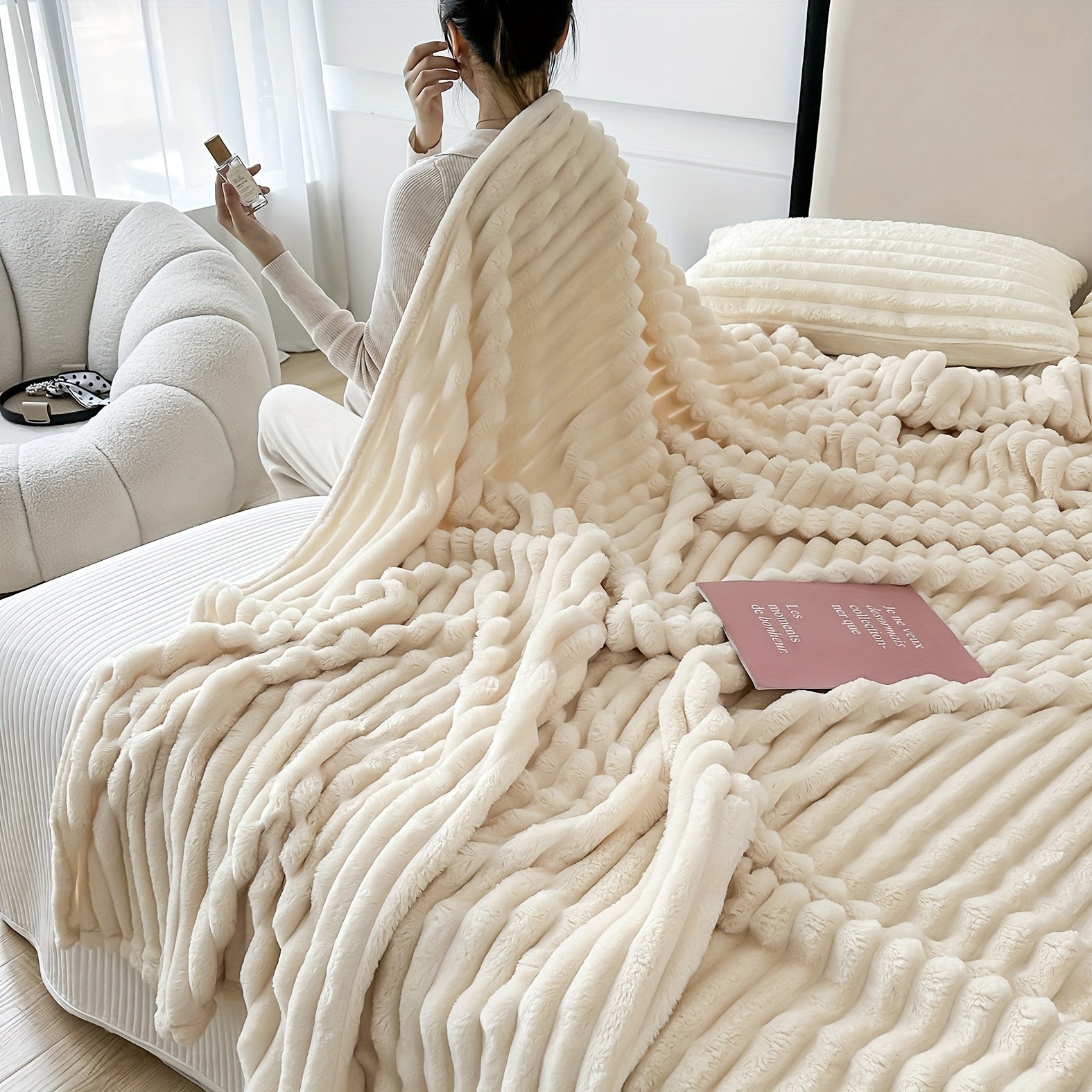 Manta de felpa coral para sofá, cama y oficina, blanca