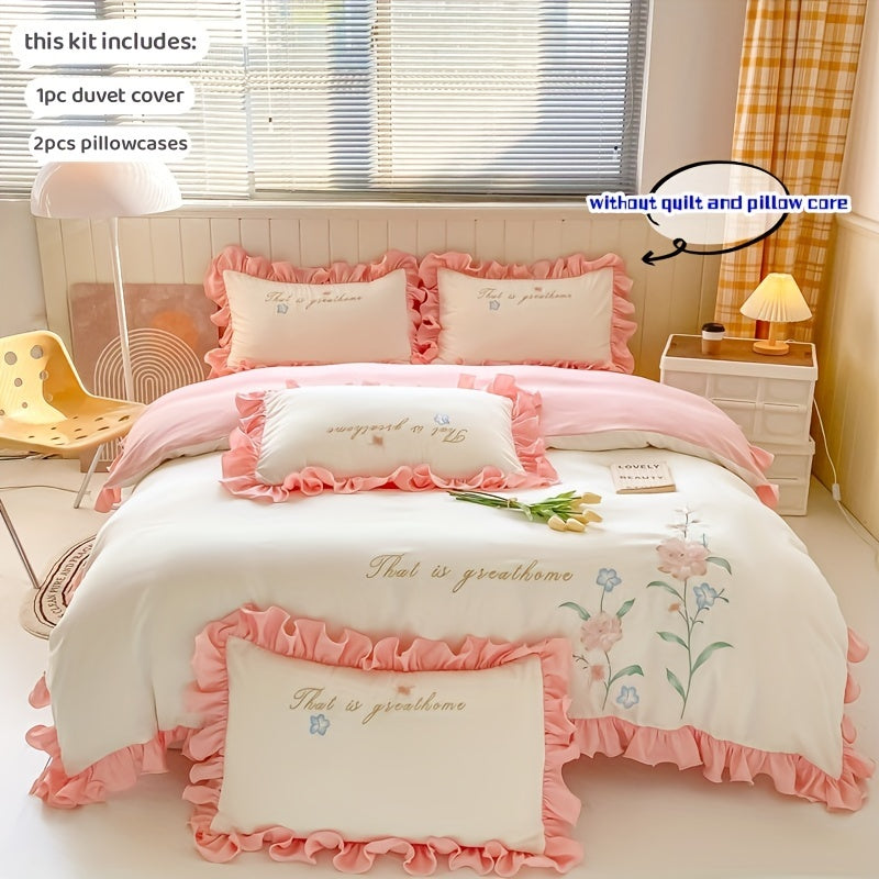 Элегантный вышитый комплект постельного белья с кружевным чехлом на пуховик и наволочками