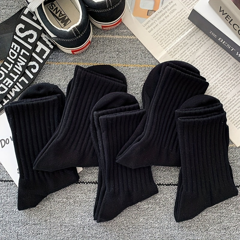 Unisex Crew Socks 5-Pack Breathable Polyester Spandex Solid Color High Waist Sports Style