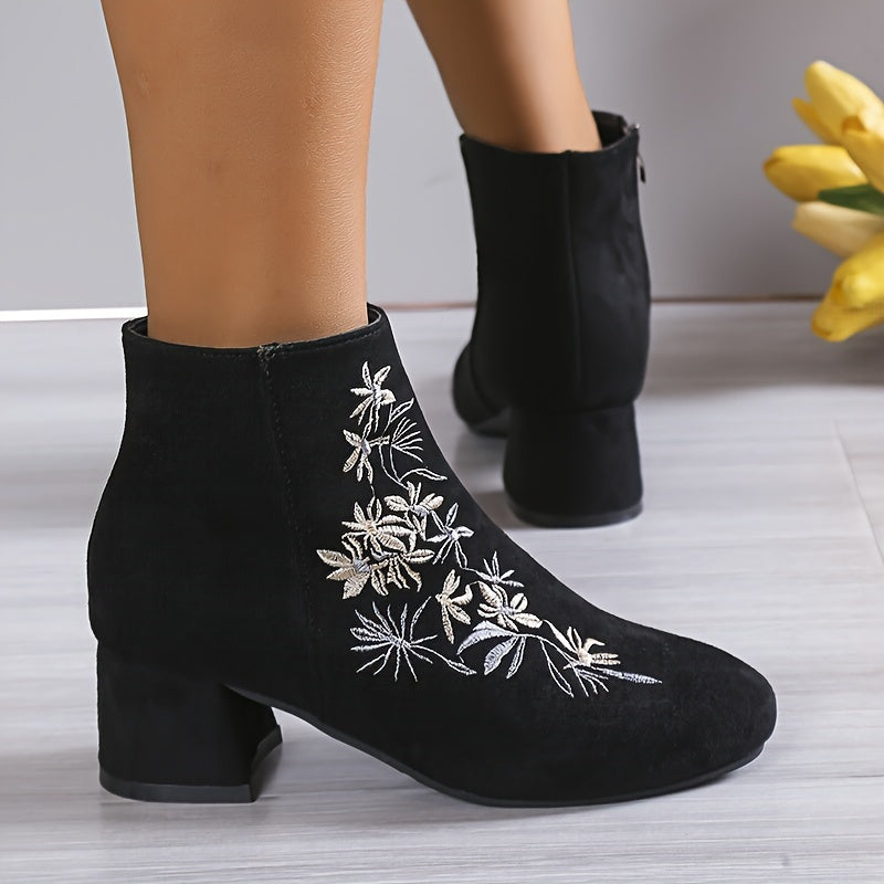 Women's Flower Pattern Chunky Heel Ankle Boots Square Toe Zipper