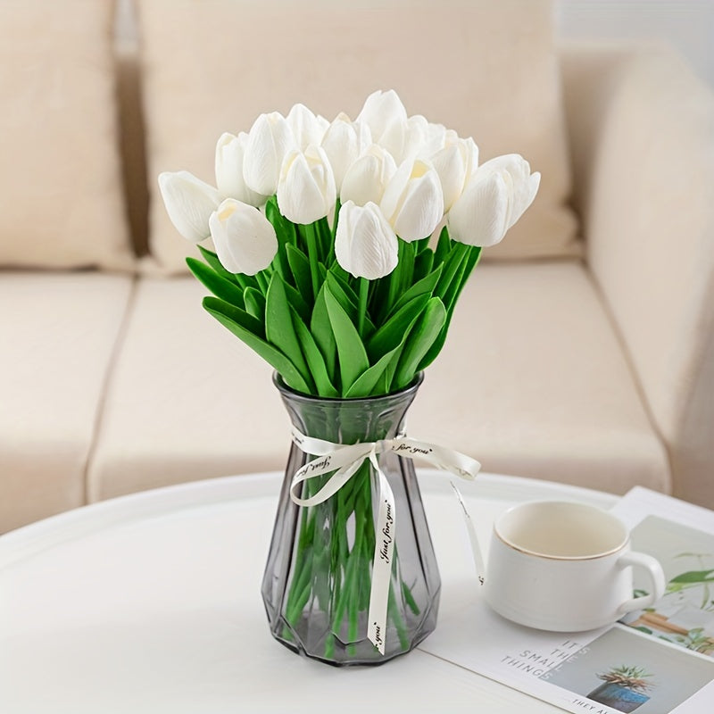 Artificial White Tulip Flowers with Green Leaves for Weddings Home Decor Set of 10