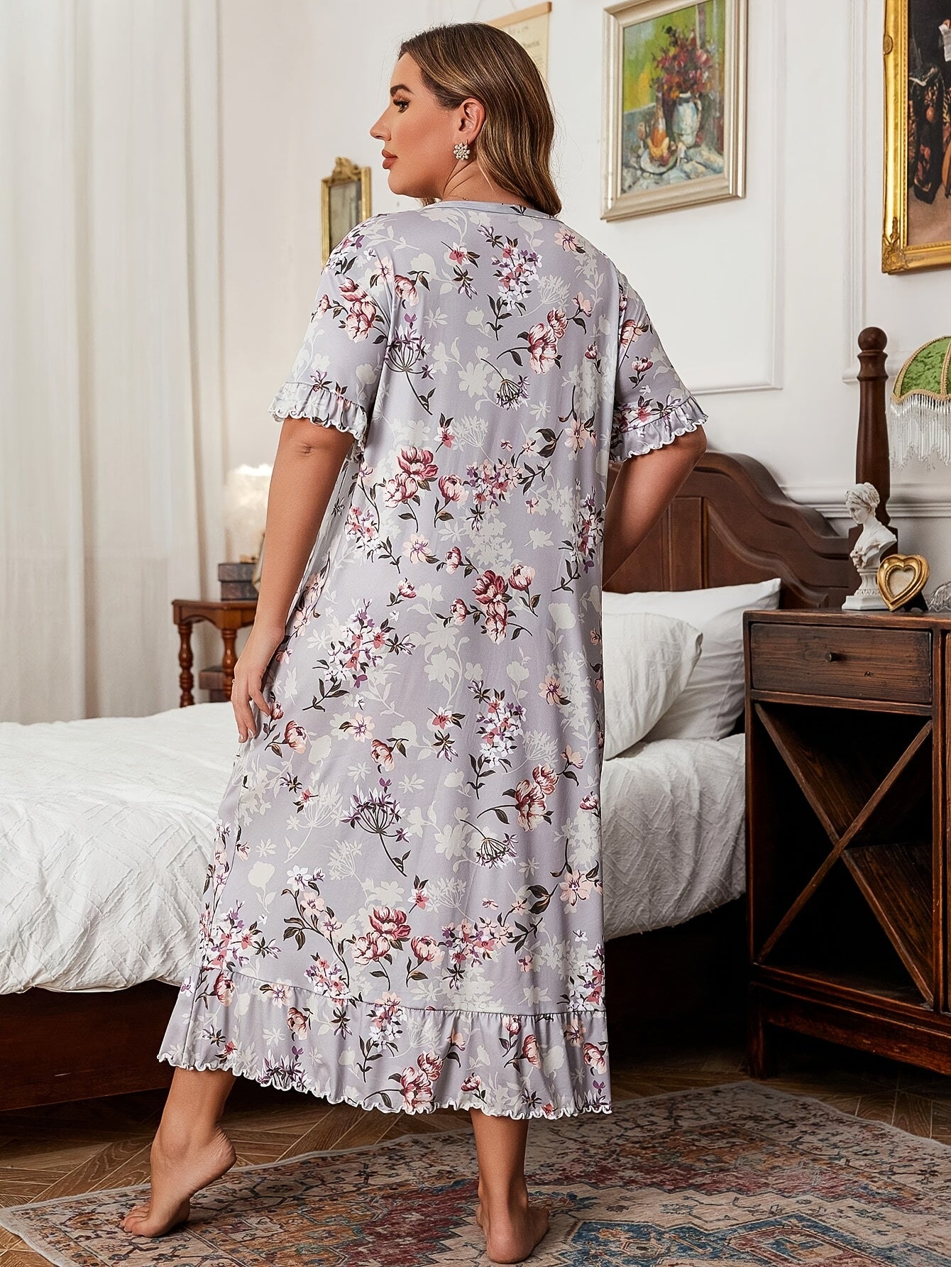 Plus Size Floral Print Short Sleeve Nightgown Dress