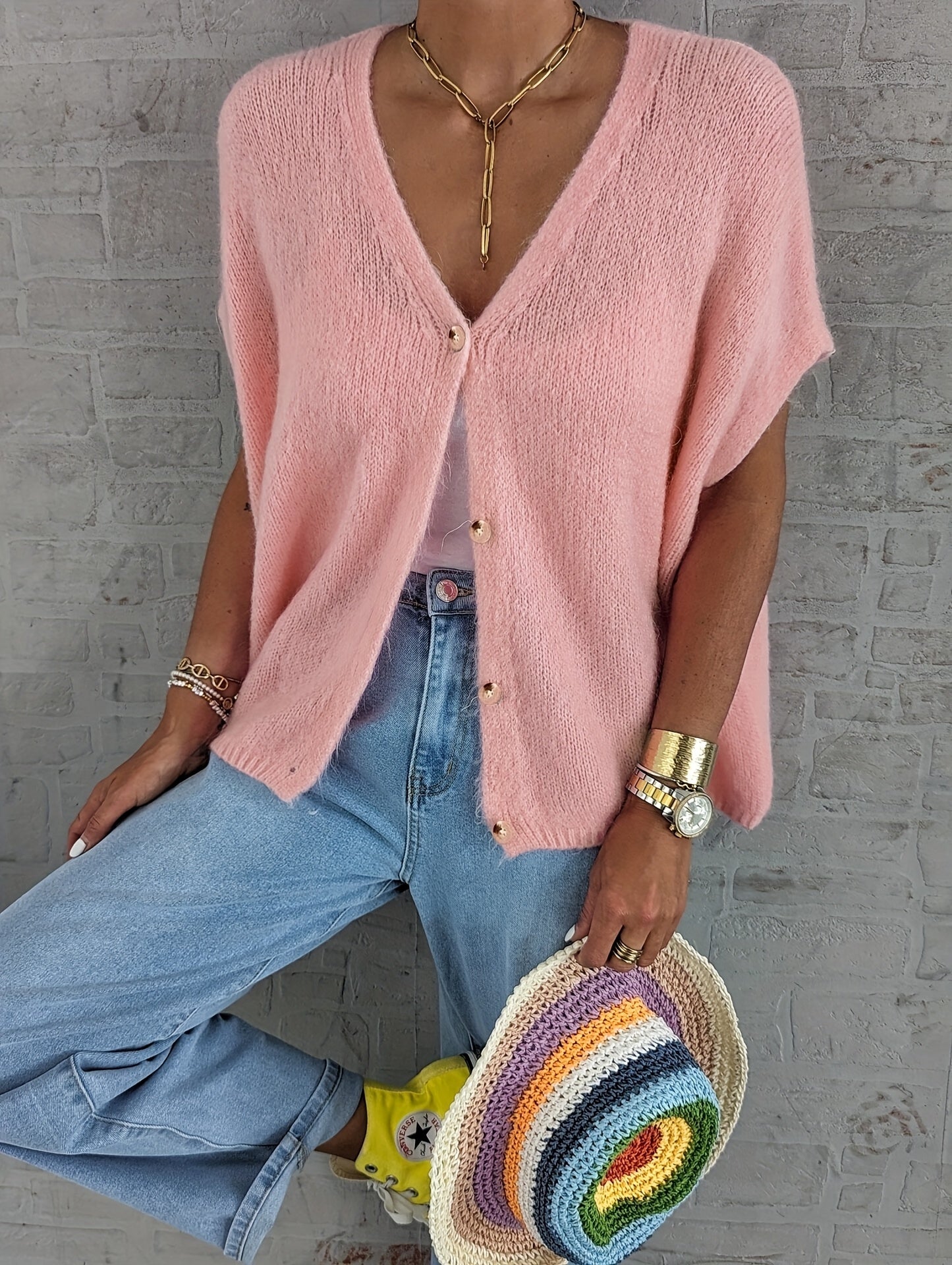 Women's Knit Cardigan Spring Summer Solid Color Button Collarless Polyester