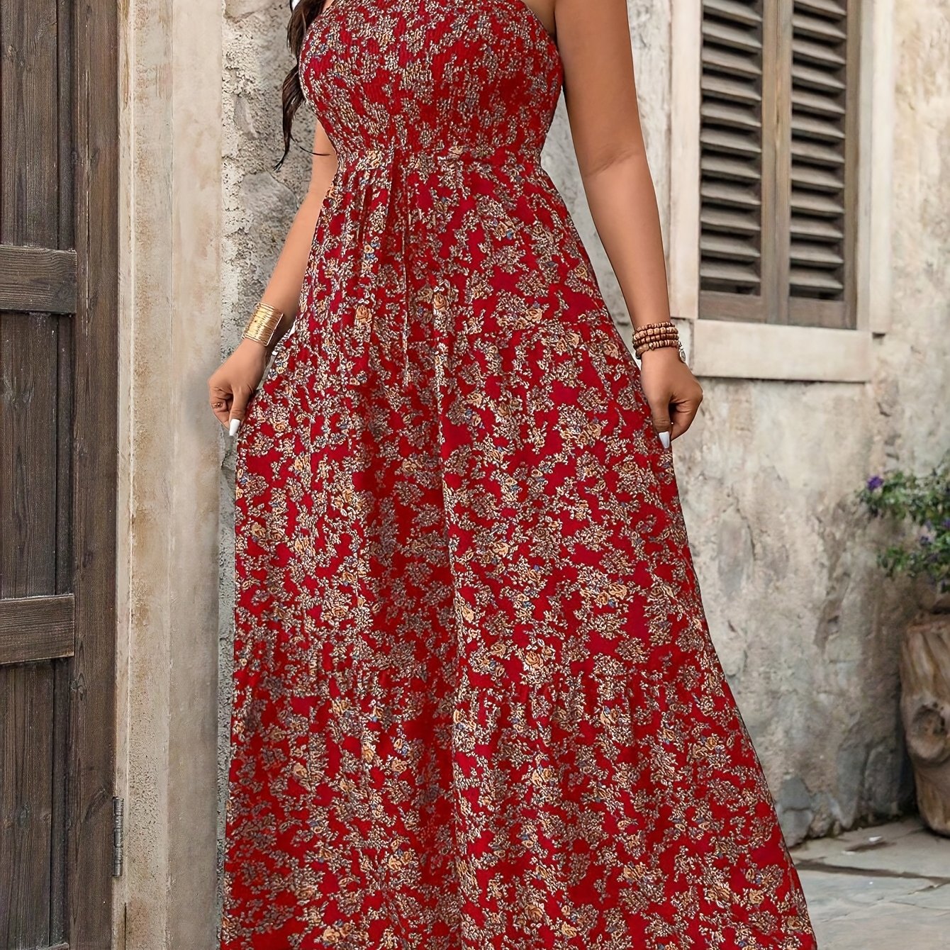 Plus Size Women's Floral Off-Shoulder Jumpsuit Loose Fit Tie-Waist Wide-Leg Vacation Wear