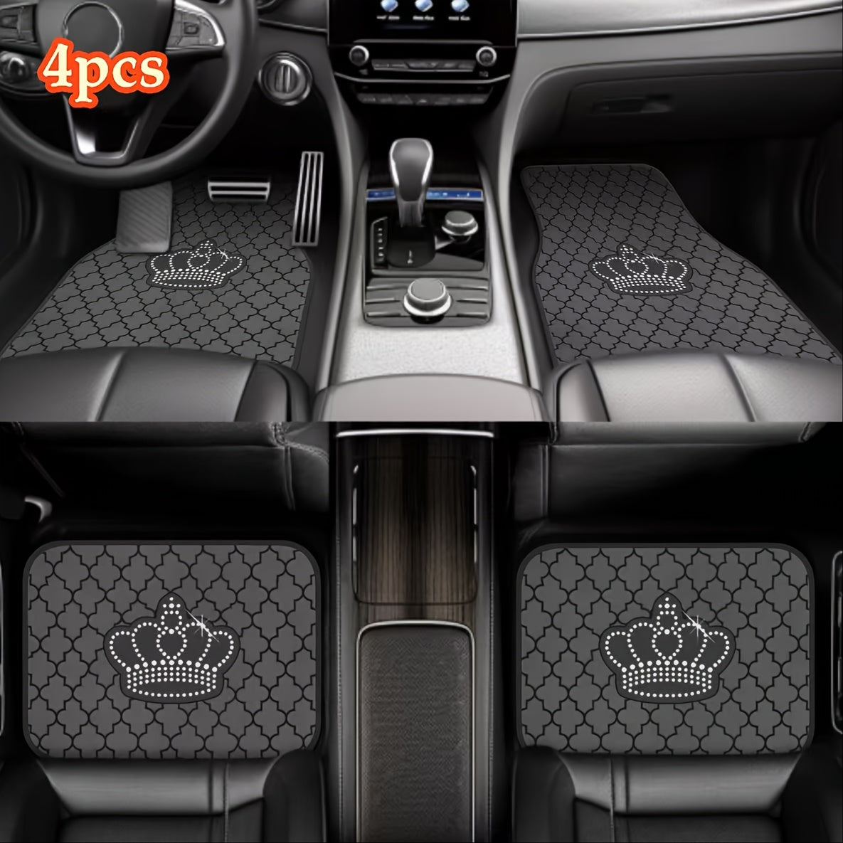 Black Geometric Pattern Car Floor Mats Set Universal Fit for Cars Trucks SUVs