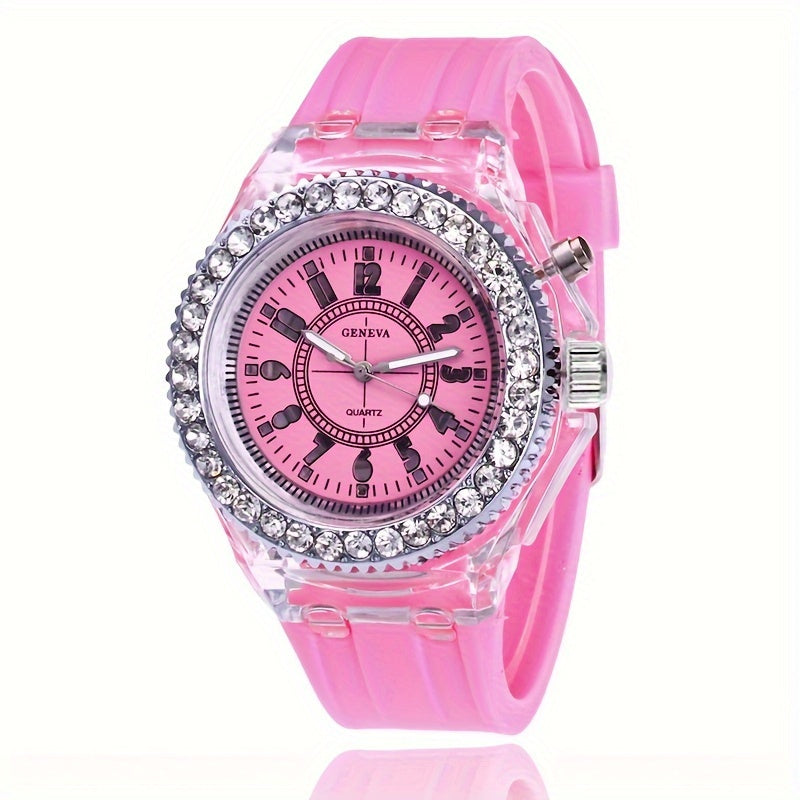 Luminous Rhinestone Full Edge Dial Watch for Boys and Girls Silicone Quartz School Gift