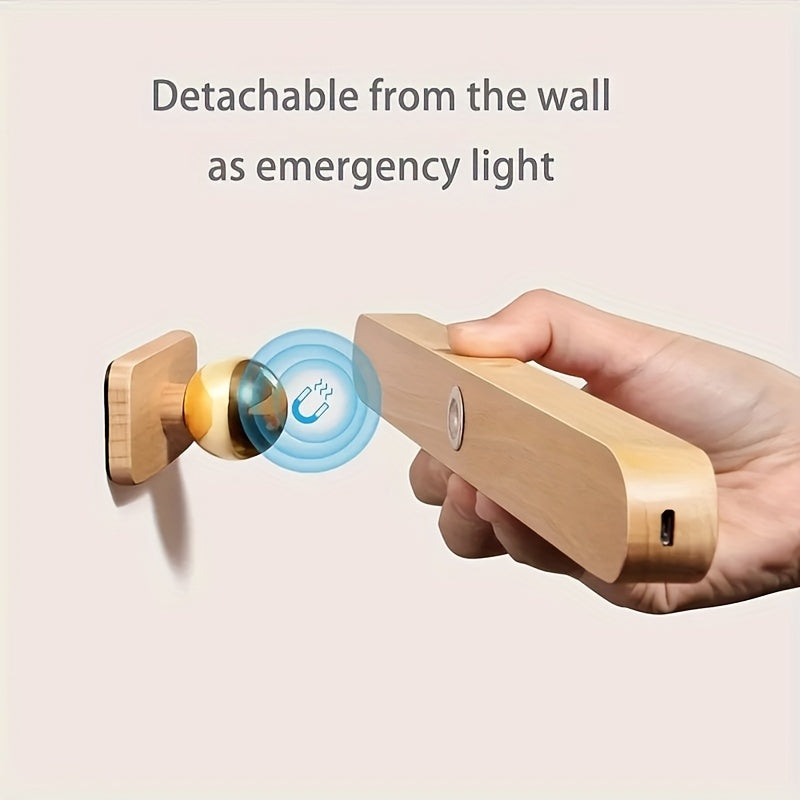Rechargeable LED Night Light with Wooden Frame and Mirror Front Wall Mountable Bedside Lamp