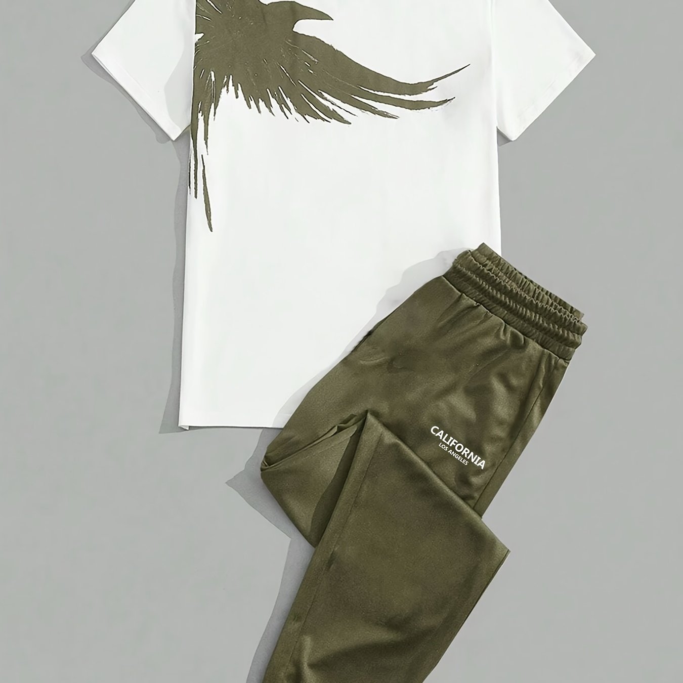 Men's Summer Outfit Eagle Print Short Sleeve T-Shirt and Long Pants Polyester Casual