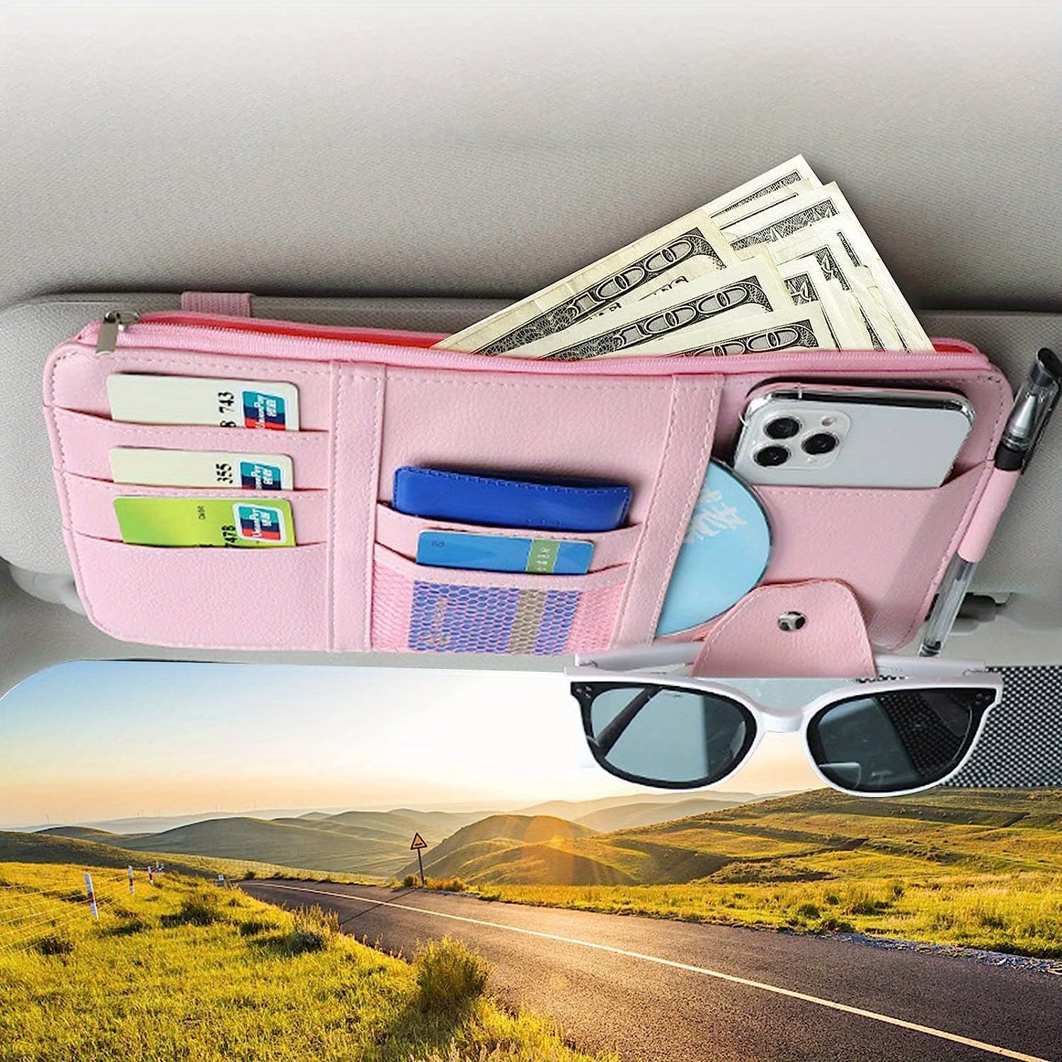 Car Sun Visor Organizer with Multiple Pockets and Card Holders in PU Leather