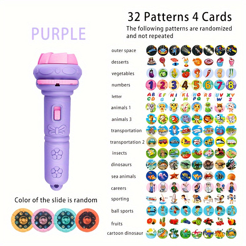 Bolalar uchun 32 ta naqshli proyeksiya chirog'i, hayvonlar, dinozavrlar, mashinalar va kosmosni o'z ichiga olgan, qiziqarli o'rganish va kechki ta'lim uchun.