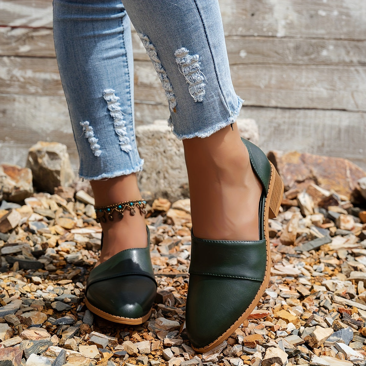 Women's Patchwork Low Heel Pumps with Chunky Heel and Side Cutouts